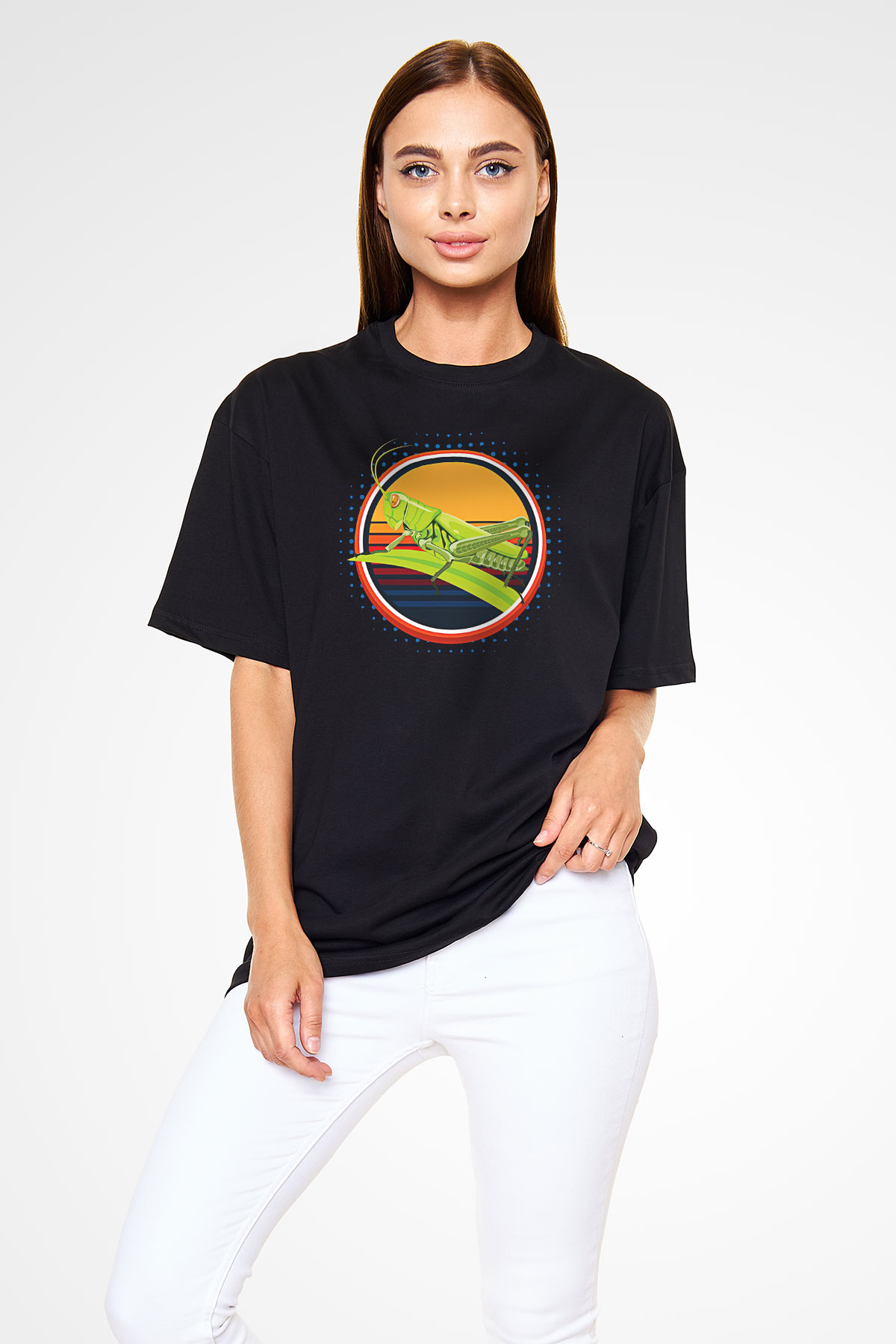Çekirge Baskılı Unisex Siyah Oversize Tişört - Tshirt