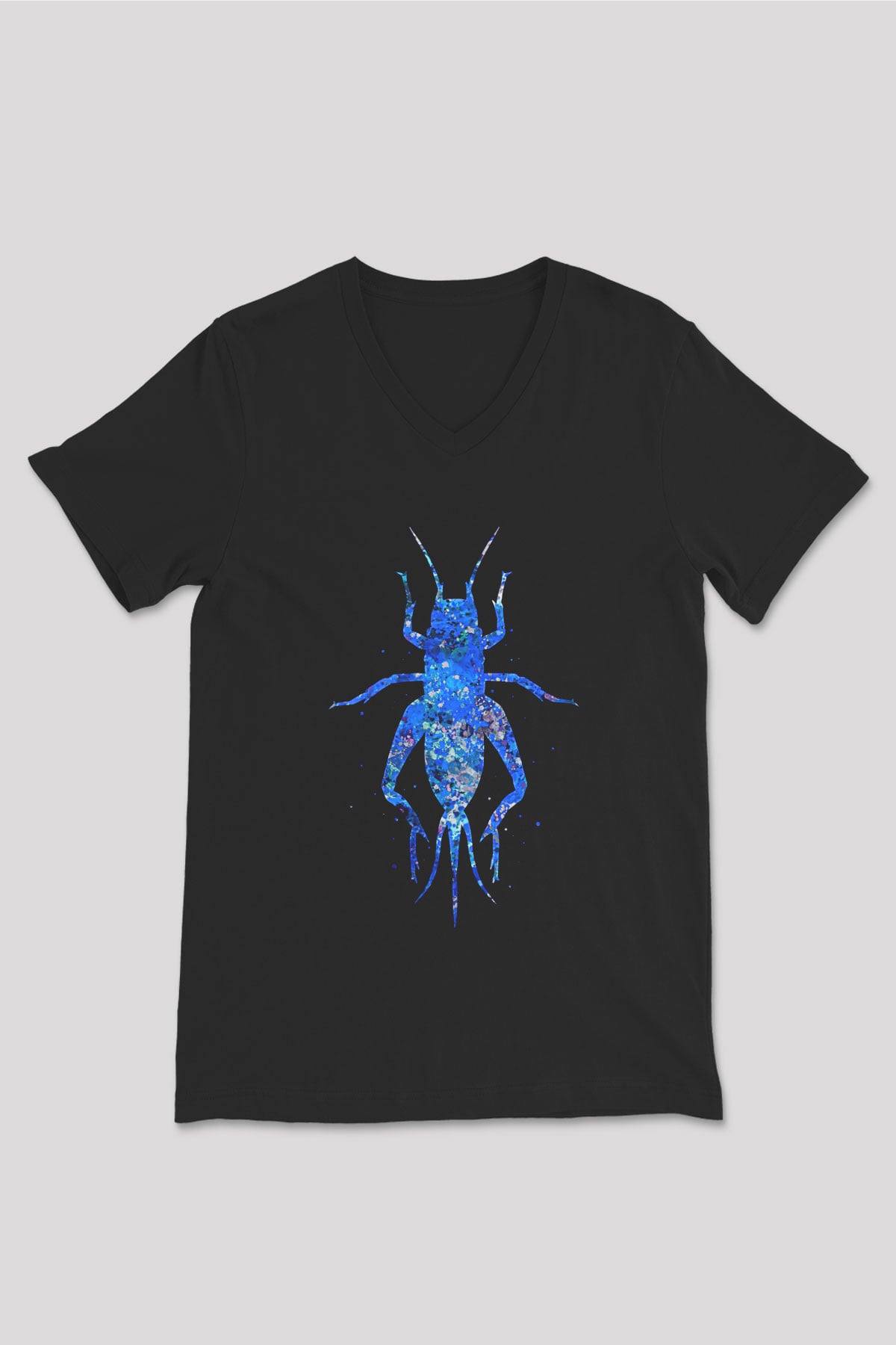 Çekirge Baskılı Unisex Siyah V Yaka Tişört - Tshirt