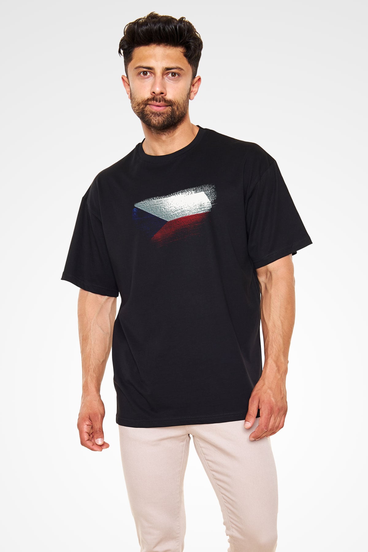 Çekya - Czechia - Czech Republic Bayrağı Baskılı Unisex Siyah Oversize Tişört