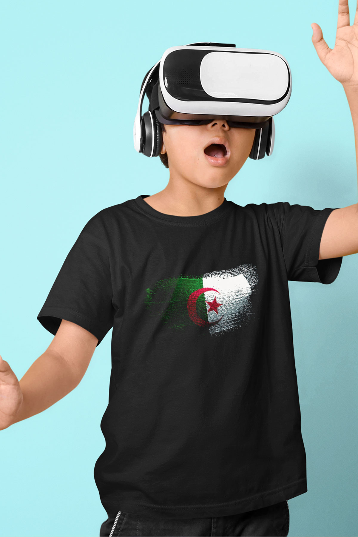 Cezayir - Algeria Bayrağı Baskılı Unisex Siyah Çocuk Tişörtü