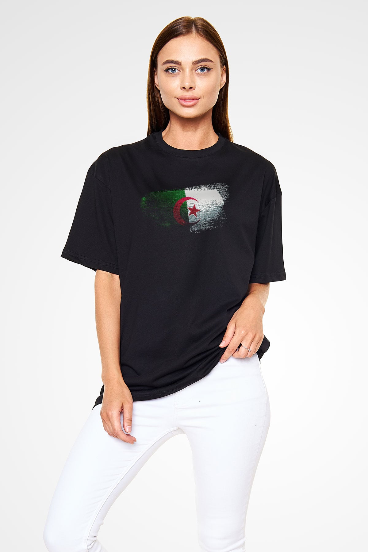 Cezayir - Algeria Bayrağı Baskılı Unisex Siyah Oversize Tişört