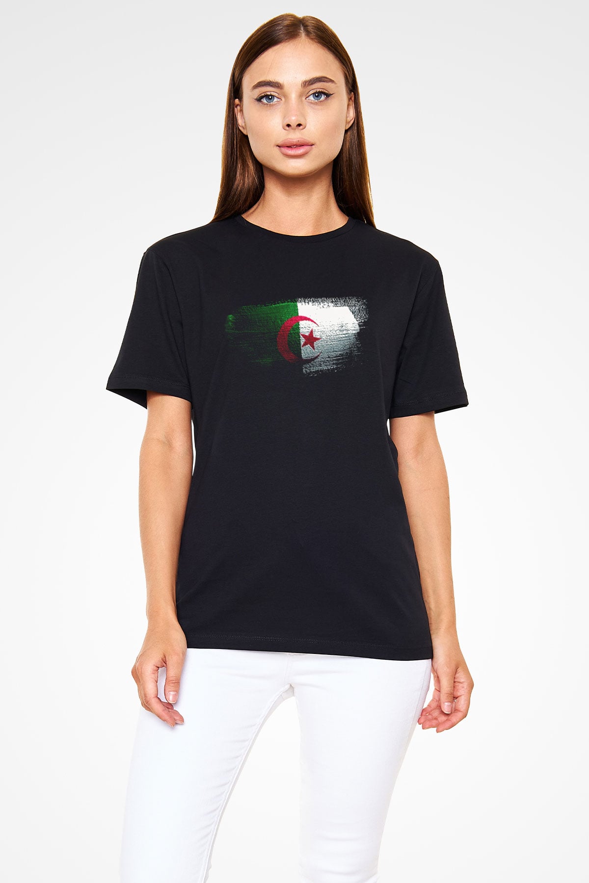 Cezayir - Algeria Bayrağı Baskılı Unisex Siyah Tişört