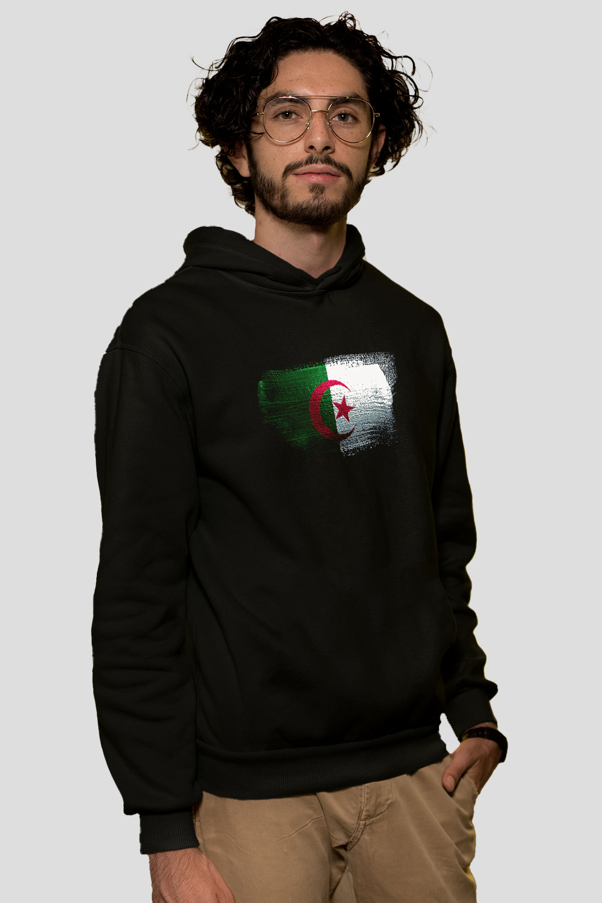 Cezayir - Algeria Bayrağı Baskılı Unisex Siyah Hoodie