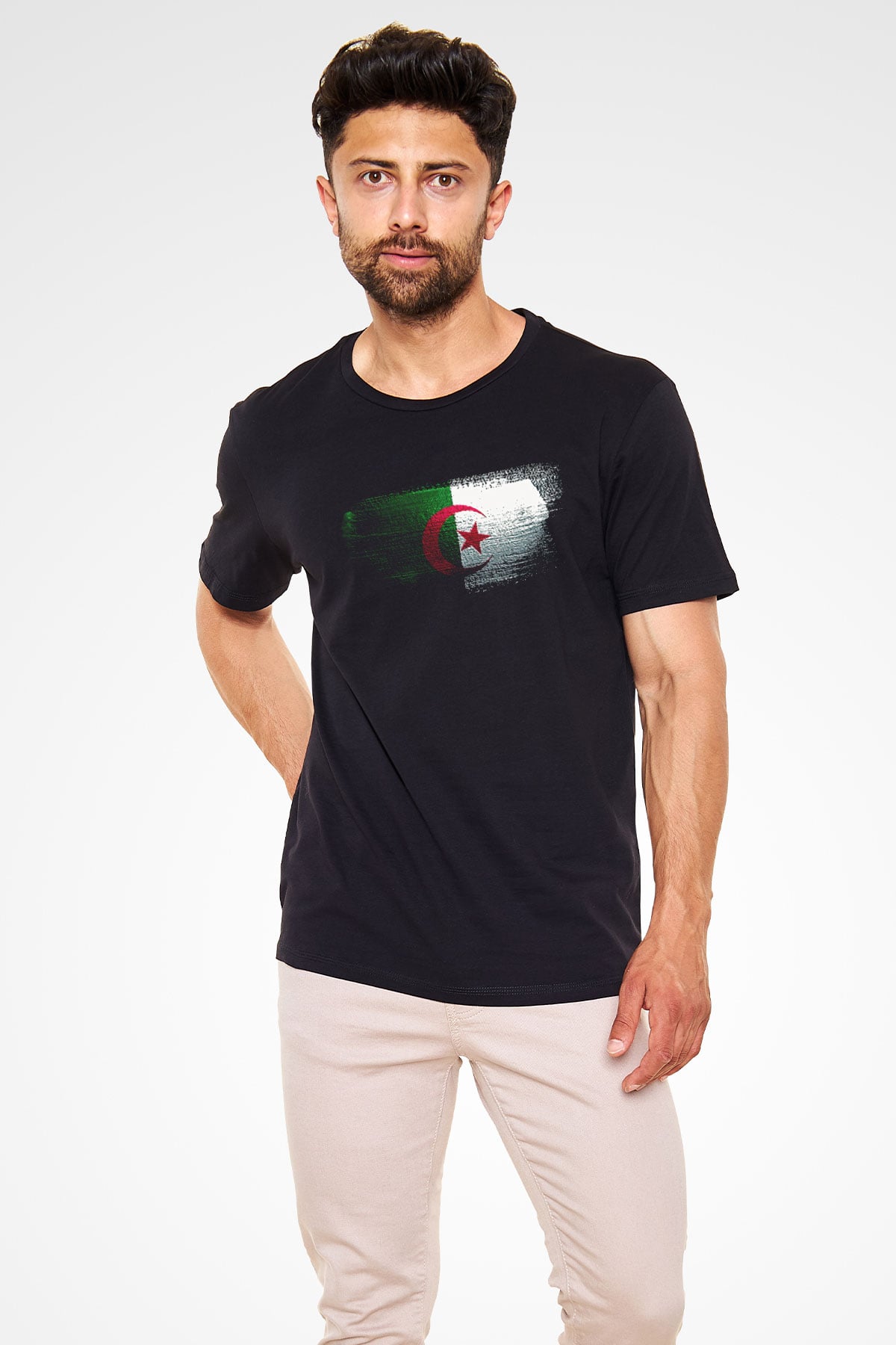 Cezayir - Algeria Bayrağı Baskılı Unisex Siyah Tişört
