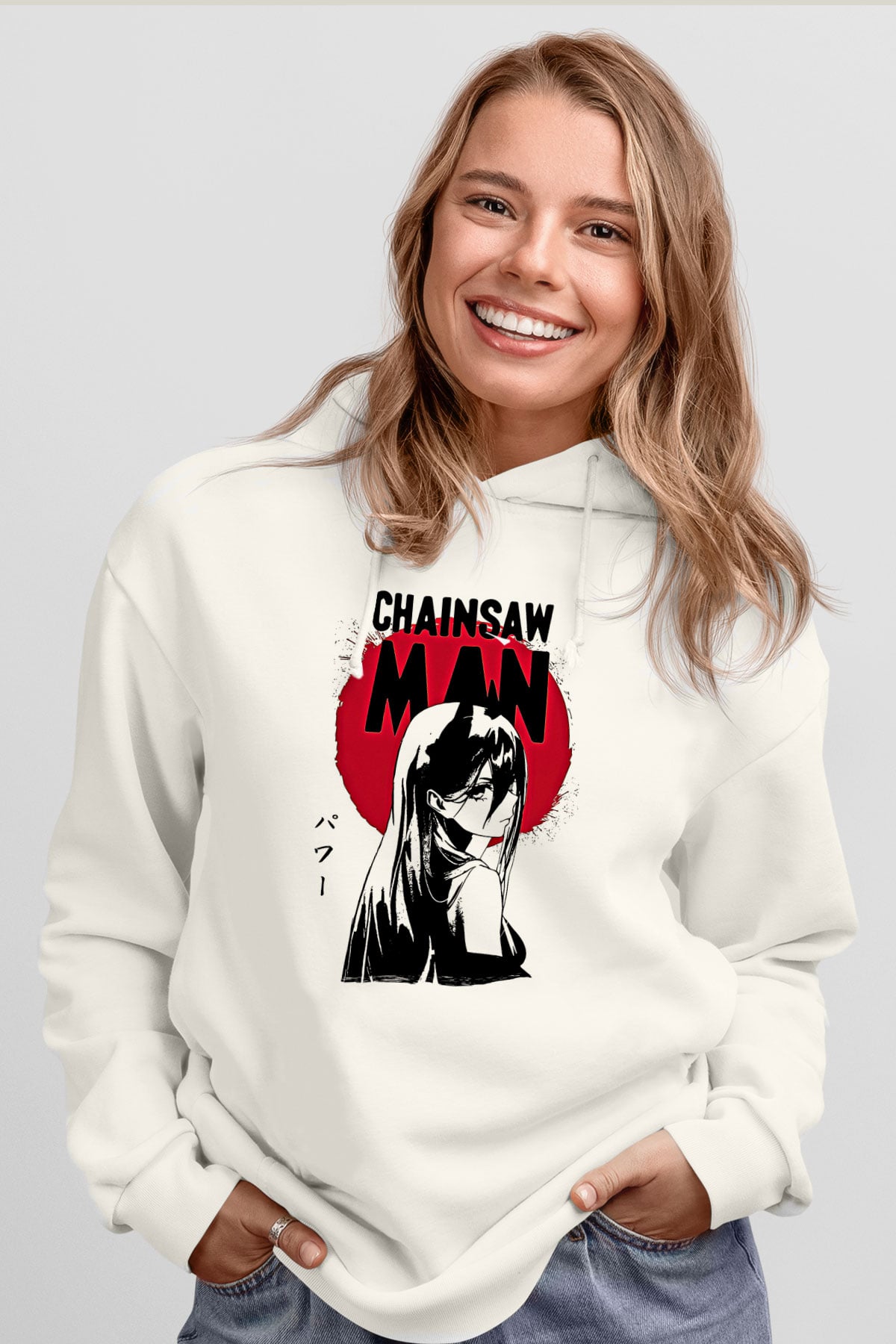 Chainsaw Man Baskılı Beyaz Unisex Hoodie