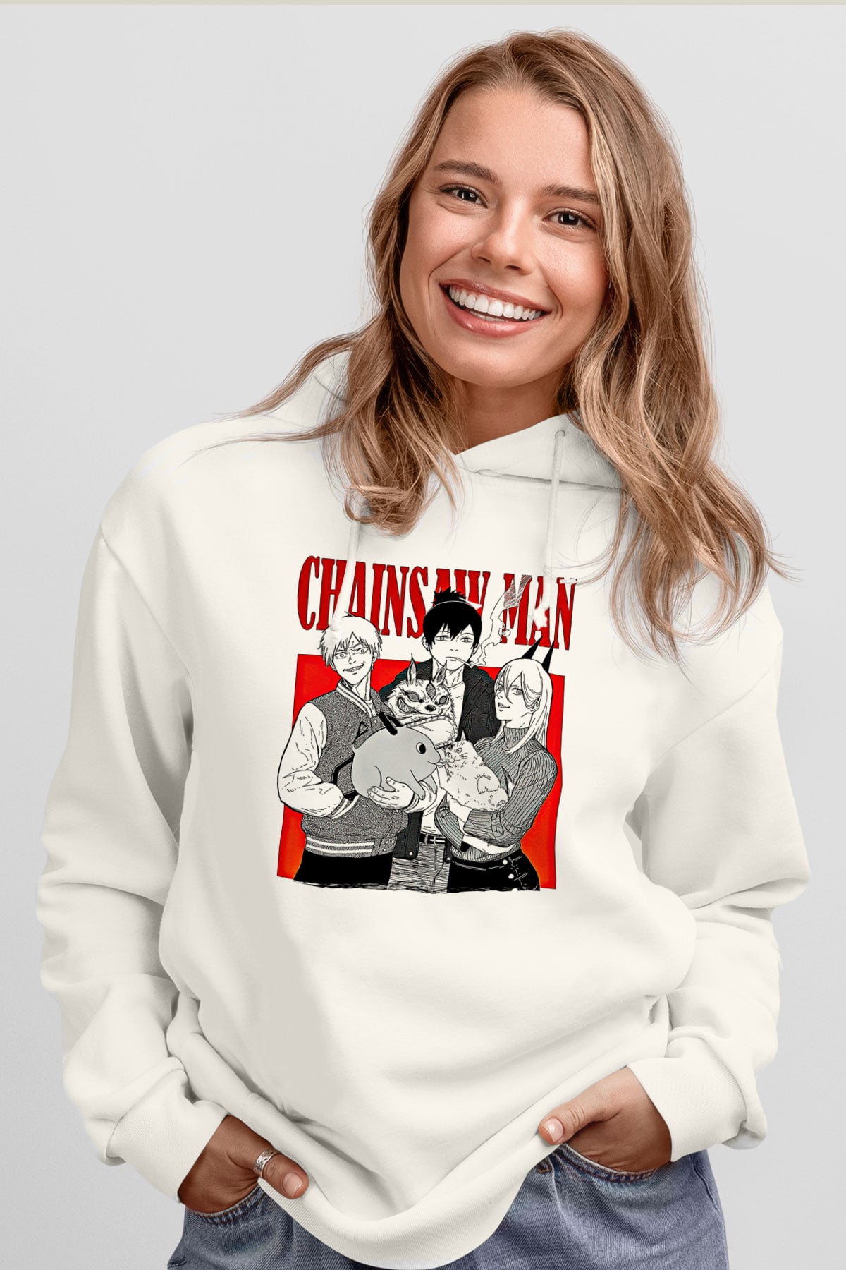 Chainsaw Man Baskılı Beyaz Unisex Hoodie
