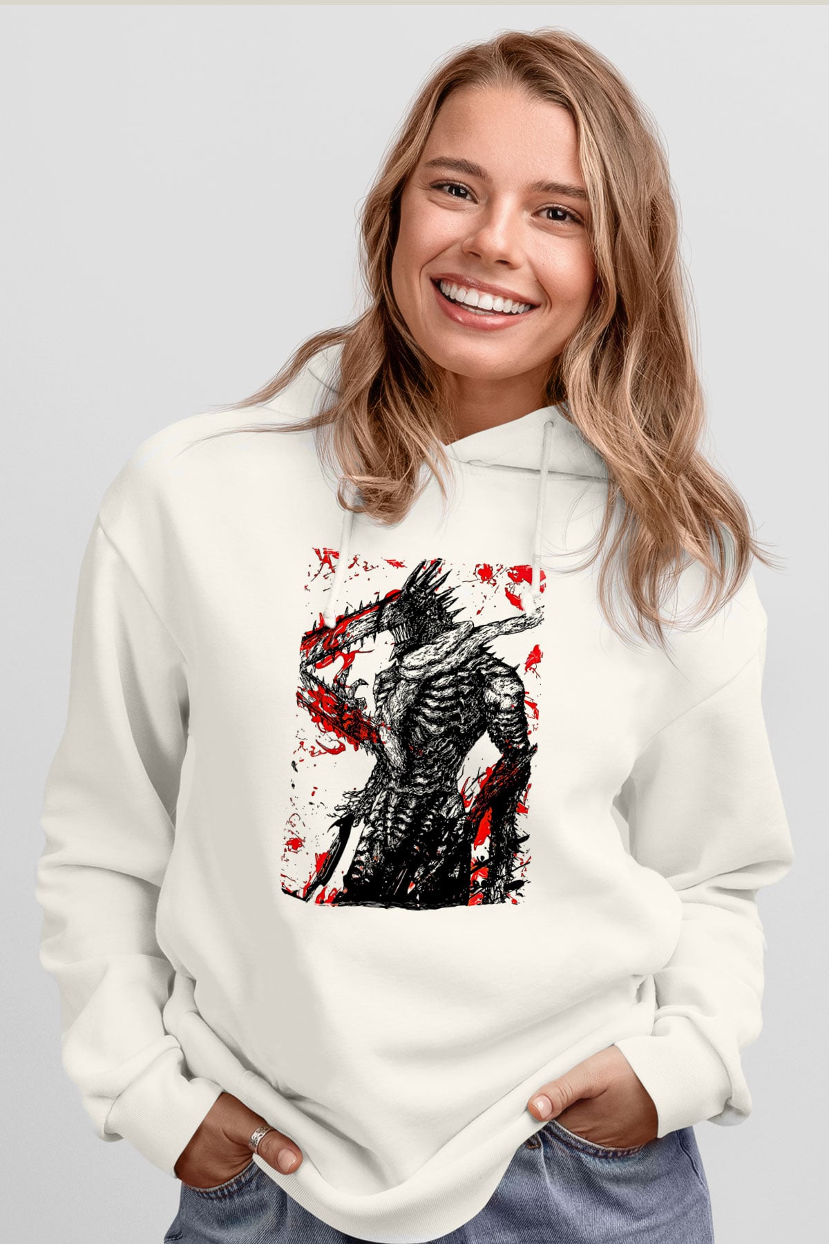 Chainsaw Man Baskılı Beyaz Unisex Hoodie