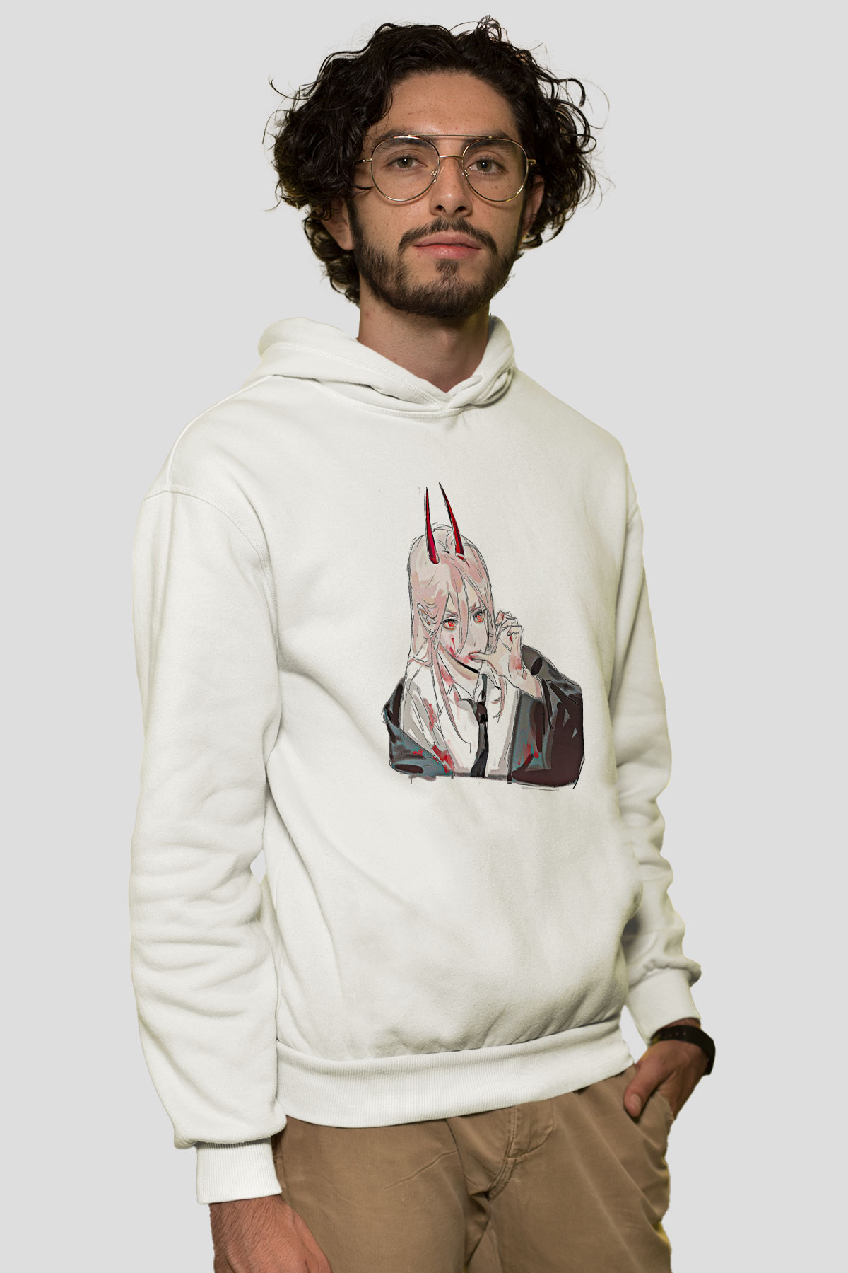 Chainsaw Man Baskılı Beyaz Unisex Hoodie