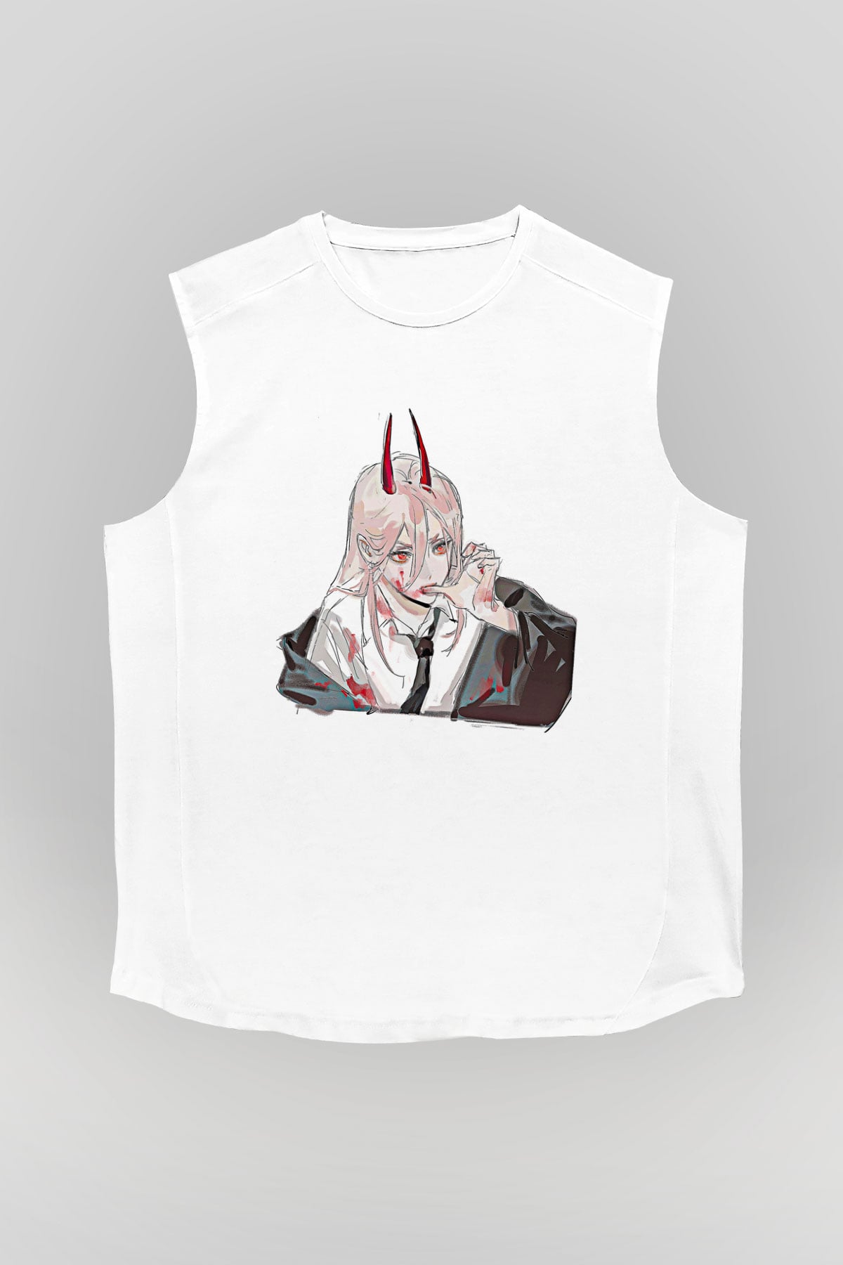 Chainsaw Man Baskılı Beyaz Unisex Kolsuz Tişört - Tshirt