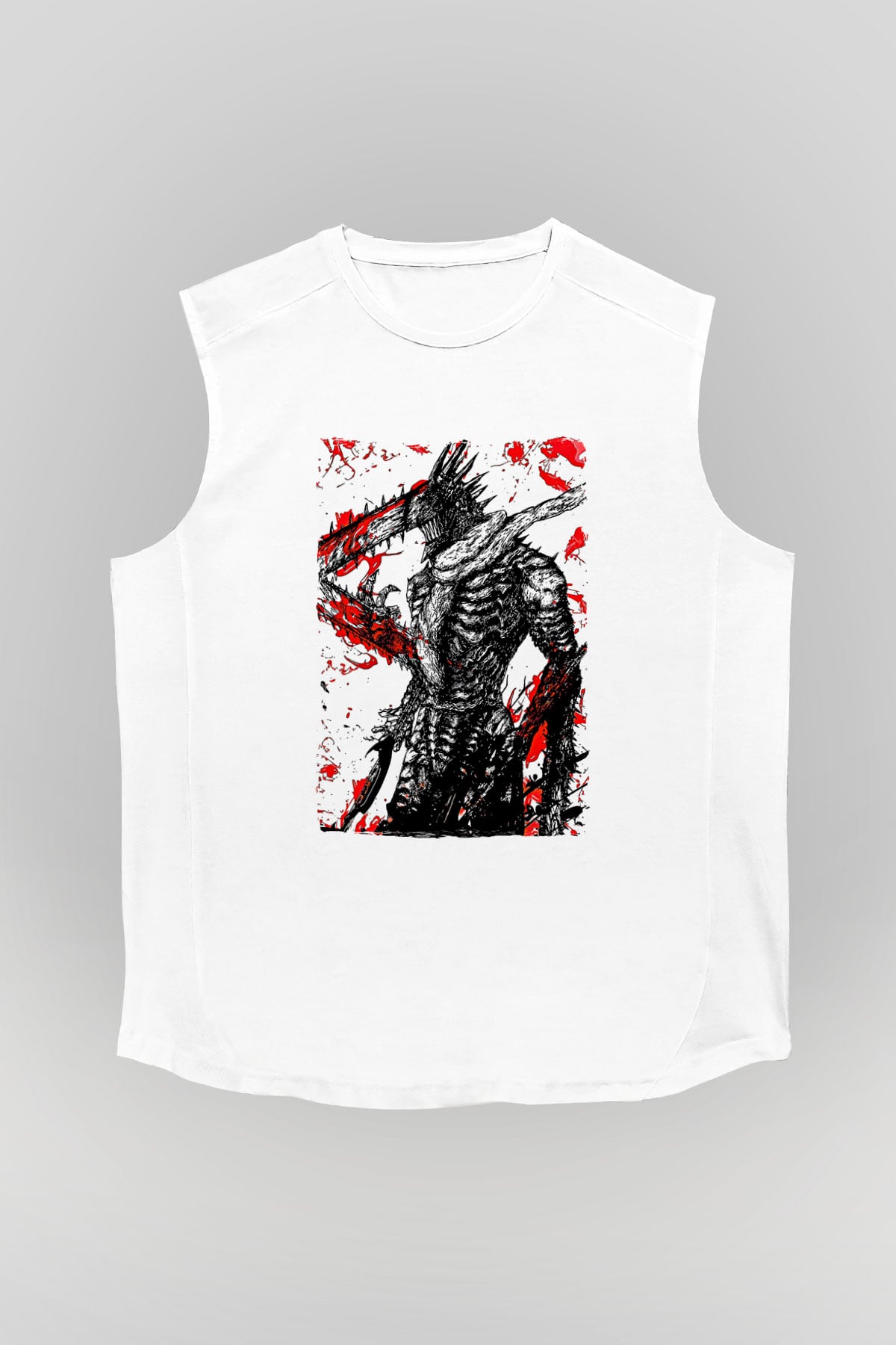 Chainsaw Man Baskılı Beyaz Unisex Kolsuz Tişört - Tshirt