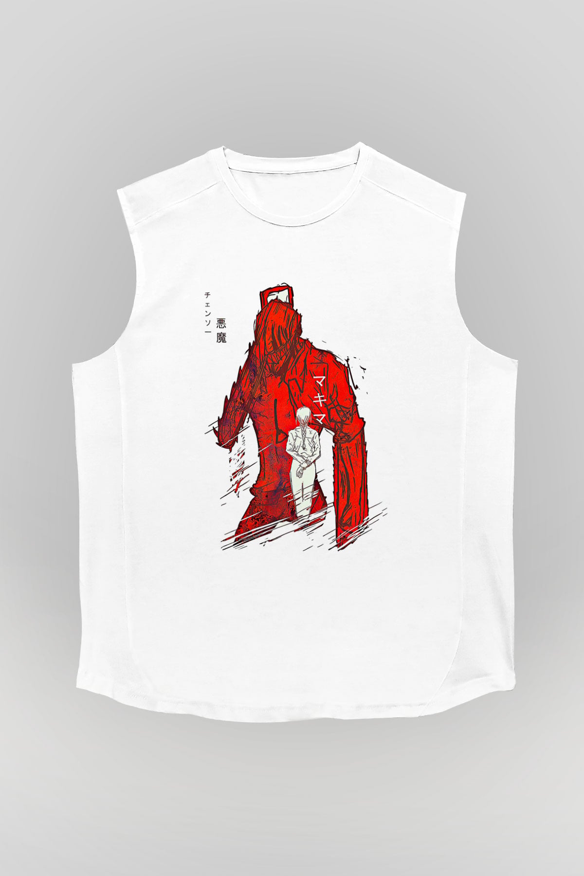 Chainsaw Man Baskılı Beyaz Unisex Kolsuz Tişört - Tshirt