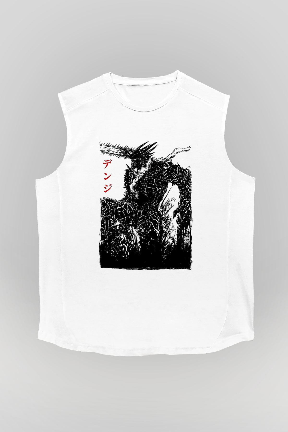 Chainsaw Man Baskılı Beyaz Unisex Kolsuz Tişört - Tshirt