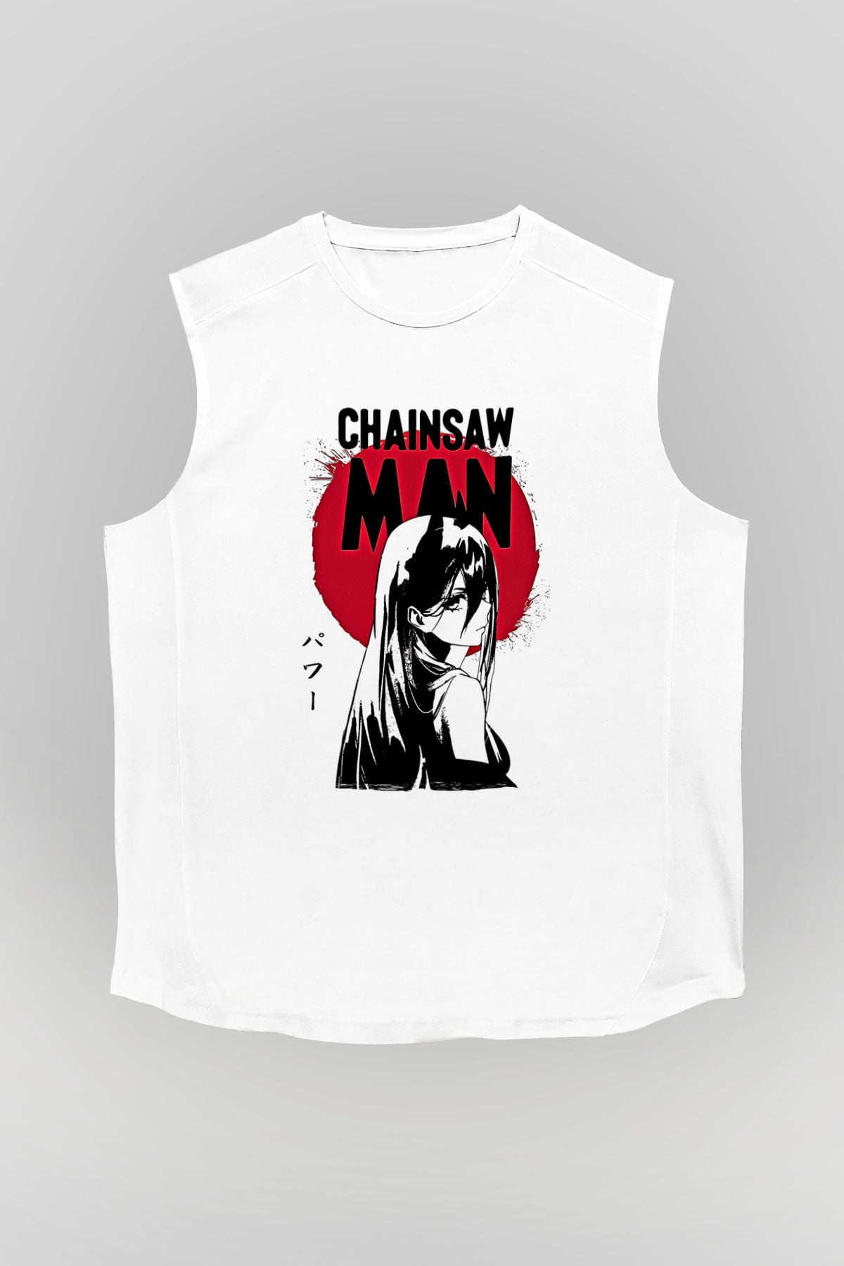 Chainsaw Man Baskılı Beyaz Unisex Kolsuz Tişört - Tshirt