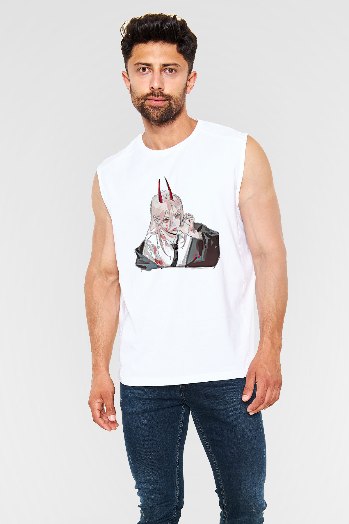 Chainsaw Man Baskılı Beyaz Unisex Kolsuz Tişört - Tshirt