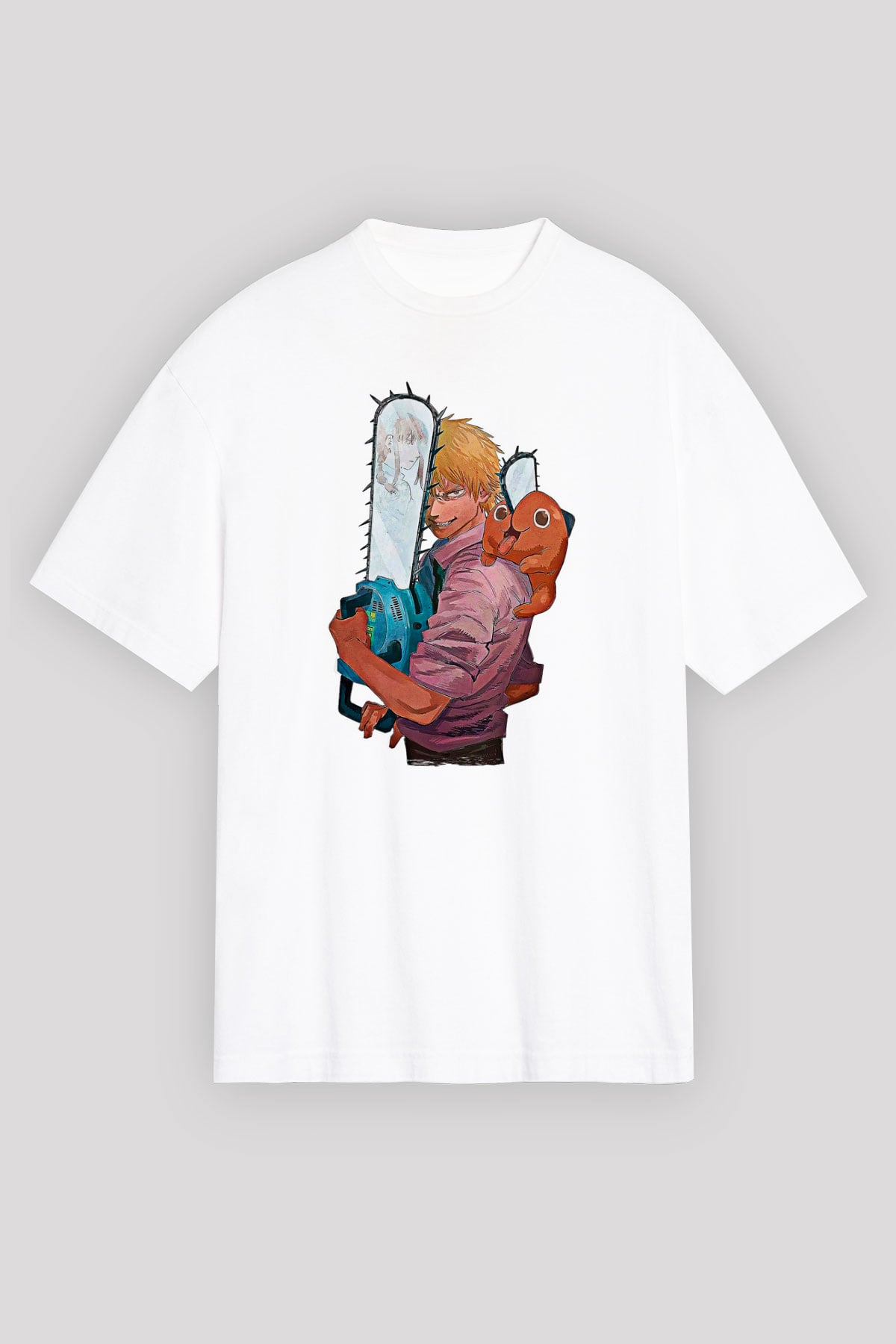 Chainsaw Man Baskılı Beyaz Unisex Oversize Tişört - Tshirt