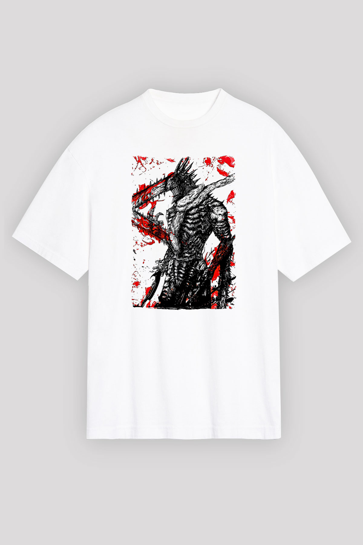 Chainsaw Man Baskılı Beyaz Unisex Oversize Tişört - Tshirt