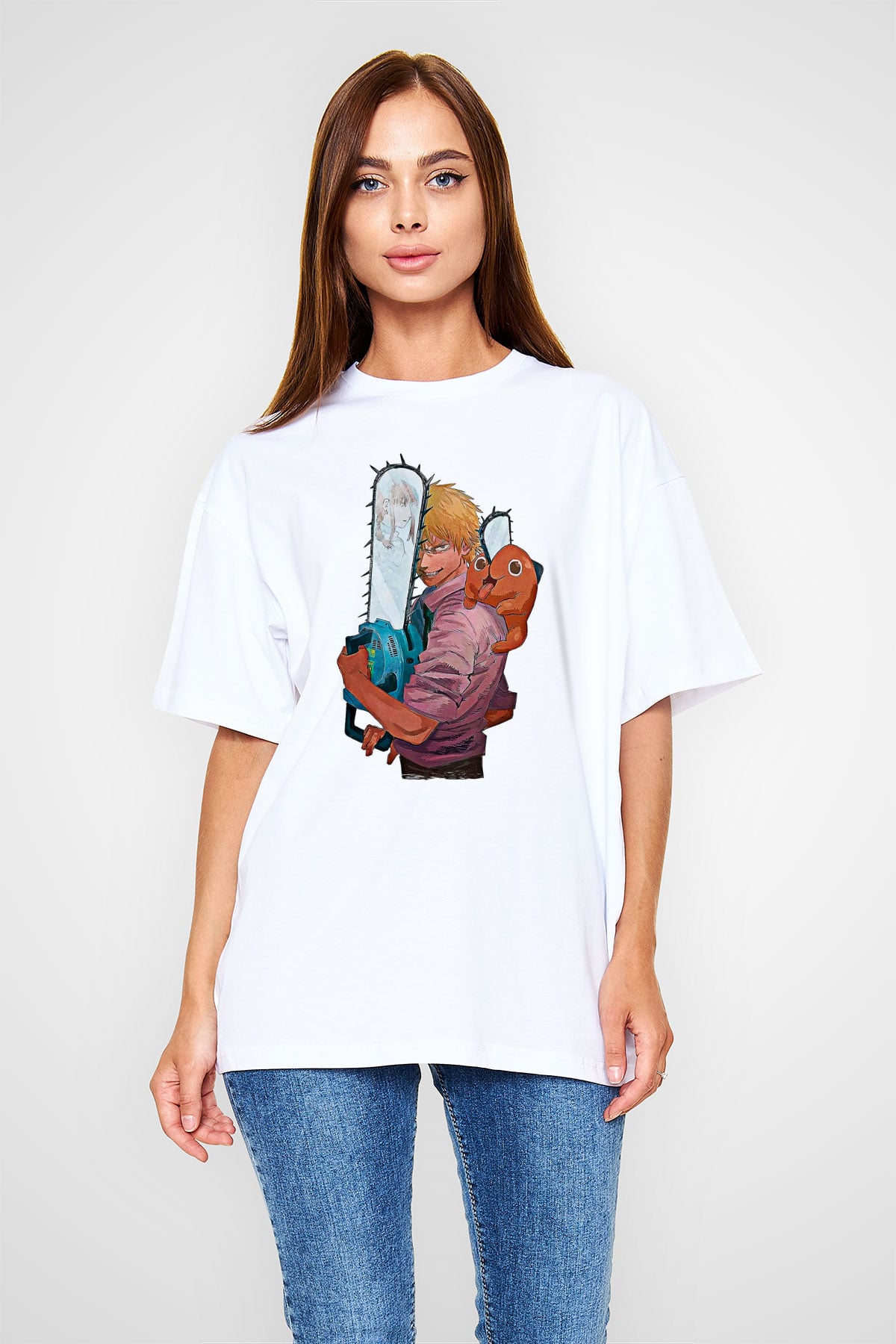 Chainsaw Man Baskılı Beyaz Unisex Oversize Tişört - Tshirt