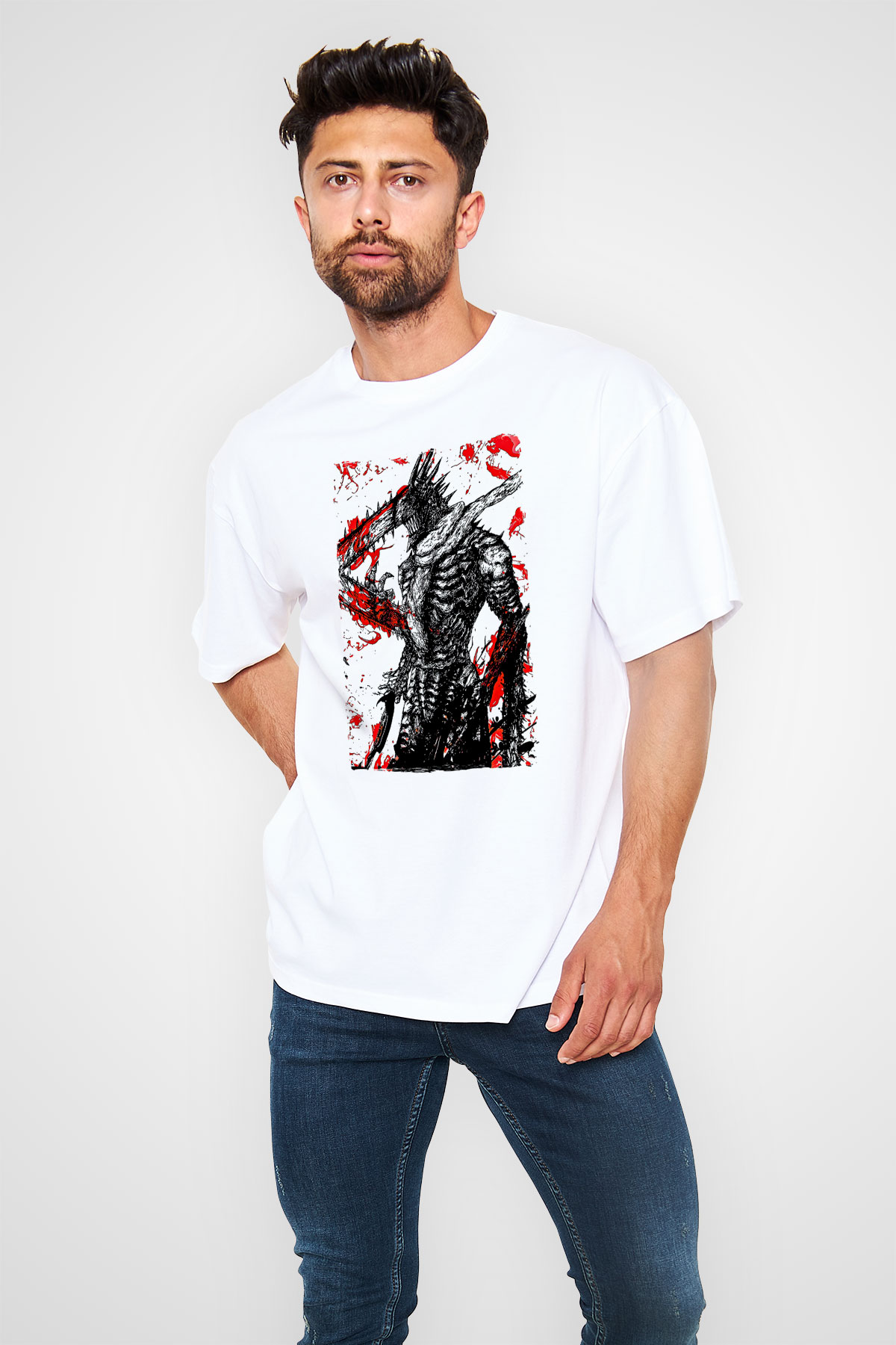 Chainsaw Man Baskılı Beyaz Unisex Oversize Tişört - Tshirt