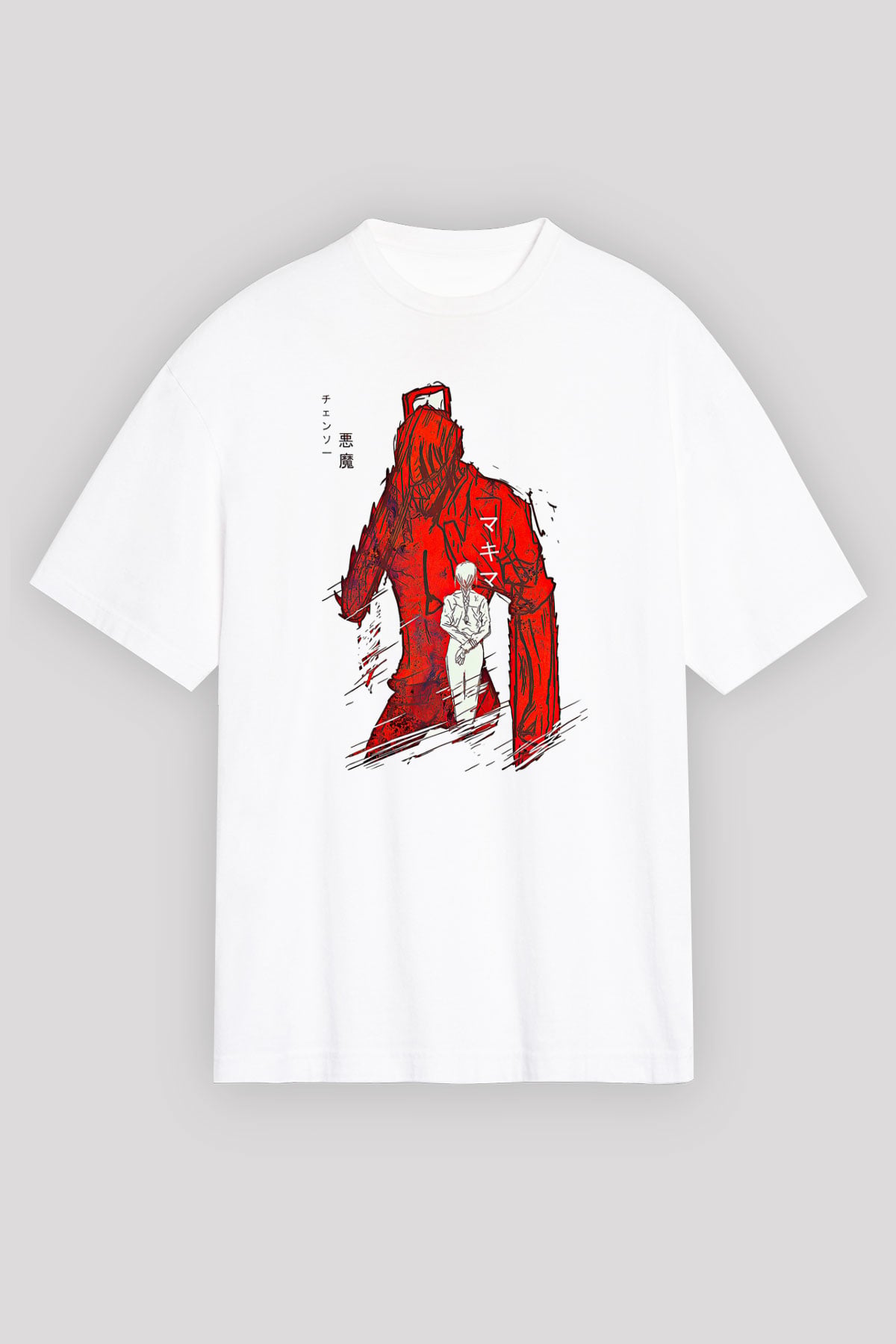Chainsaw Man Baskılı Beyaz Unisex Oversize Tişört - Tshirt