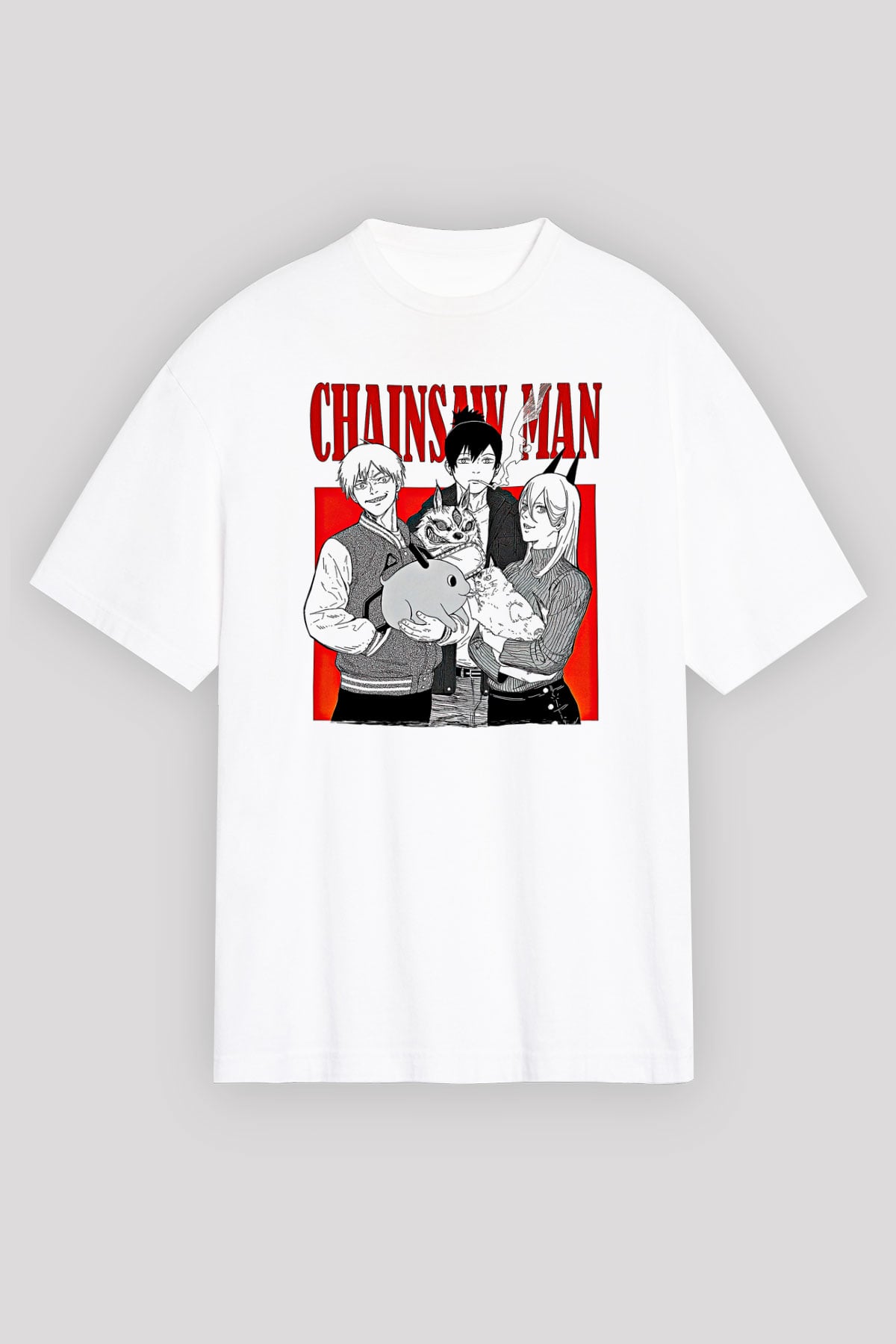 Chainsaw Man Baskılı Beyaz Unisex Oversize Tişört - Tshirt