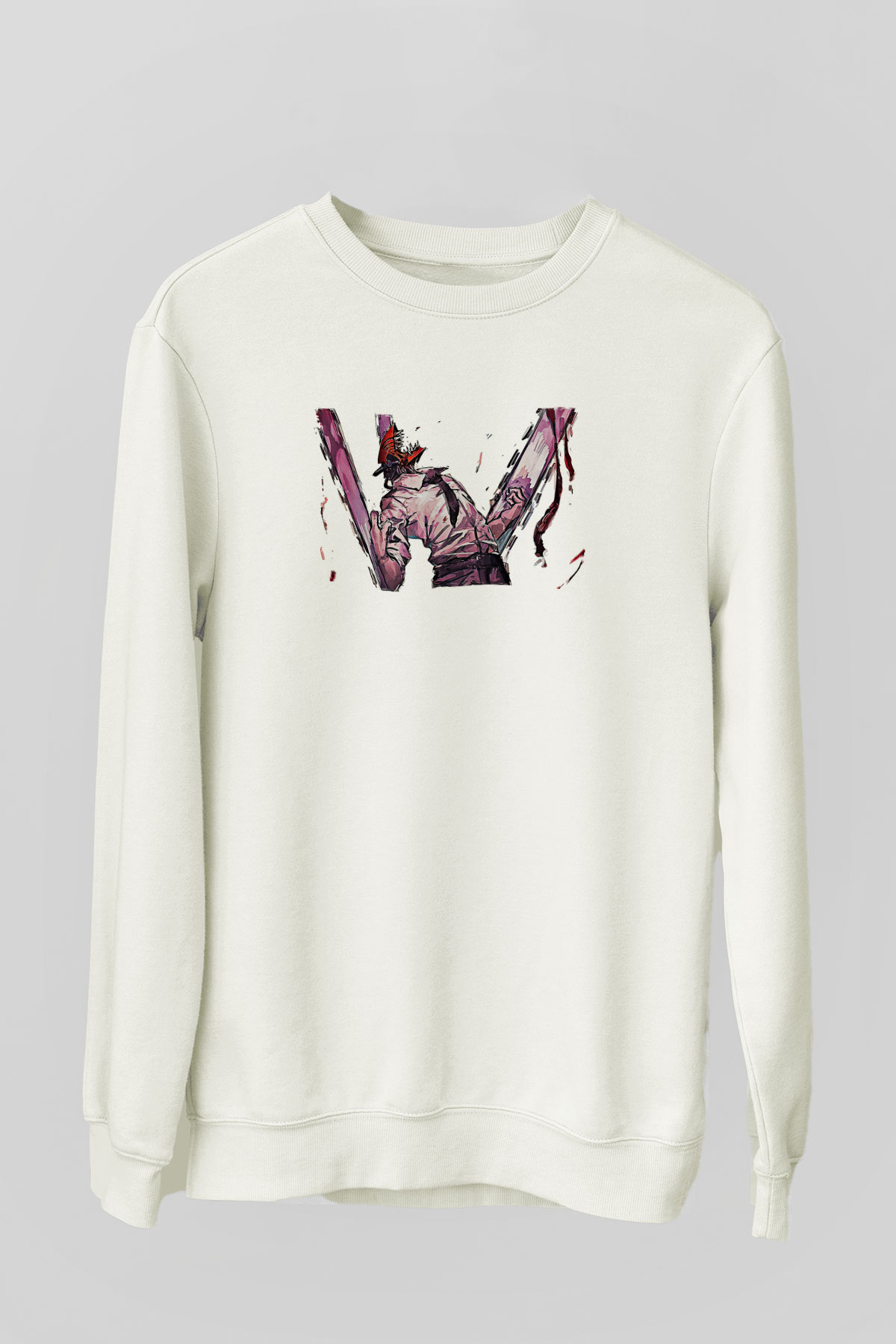 Chainsaw Man Baskılı Beyaz Unisex Sweatshirt