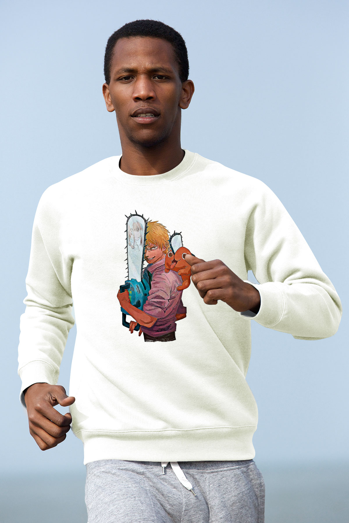 Chainsaw Man Baskılı Beyaz Unisex Sweatshirt