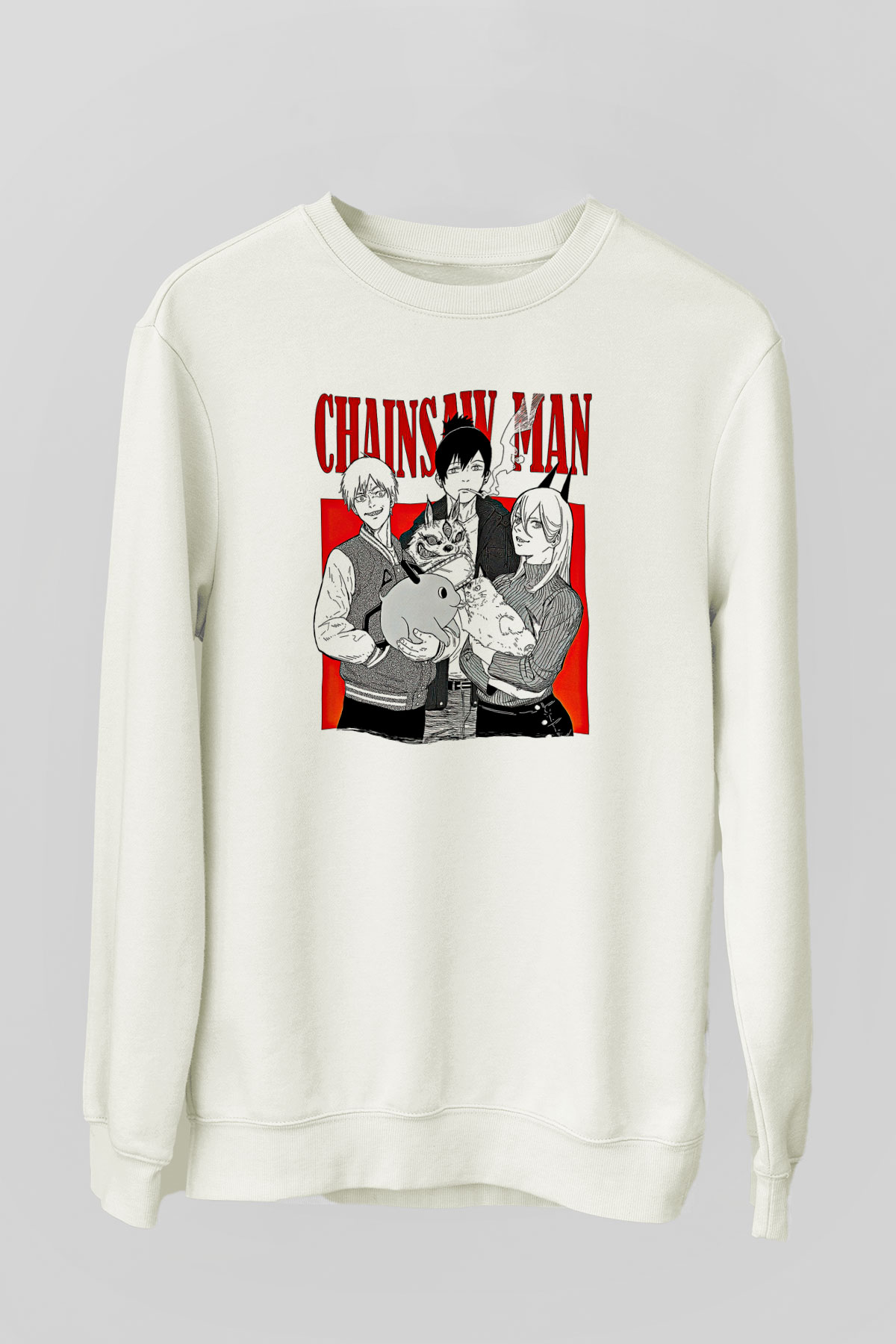 Chainsaw Man Baskılı Beyaz Unisex Sweatshirt