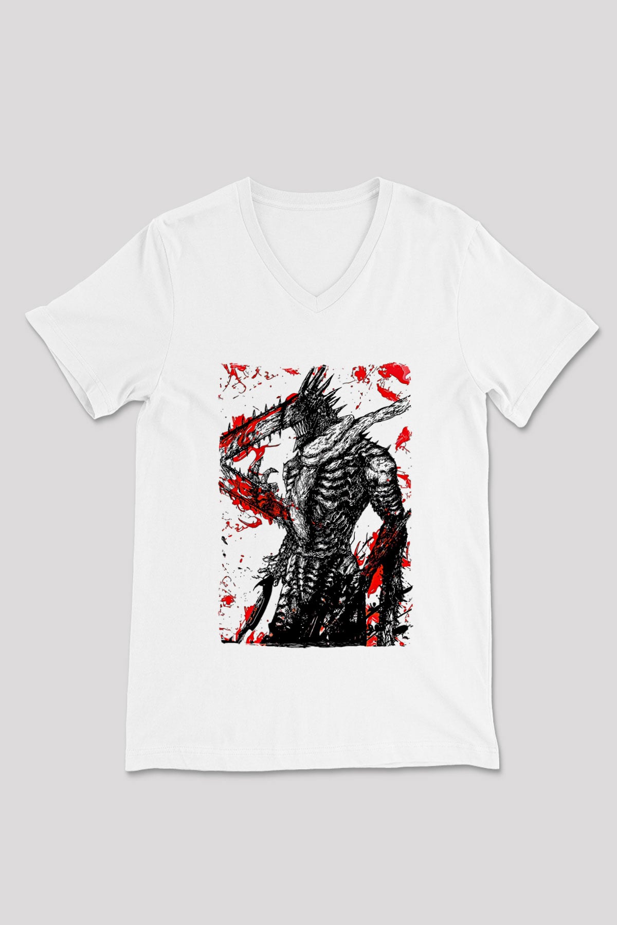 Chainsaw Man Baskılı Beyaz Unisex V Yaka Tişört - Tshirt