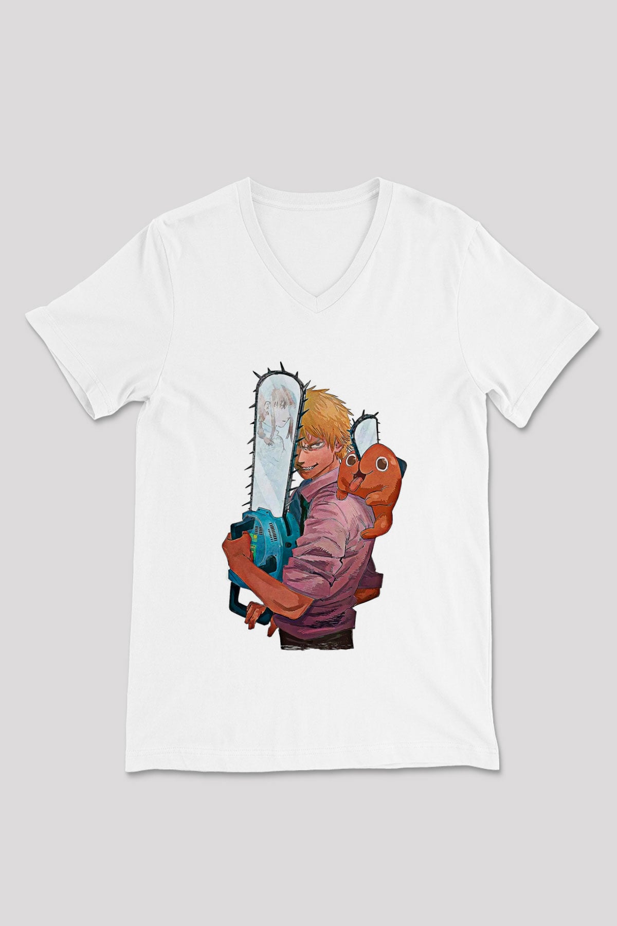 Chainsaw Man Baskılı Beyaz Unisex V Yaka Tişört - Tshirt