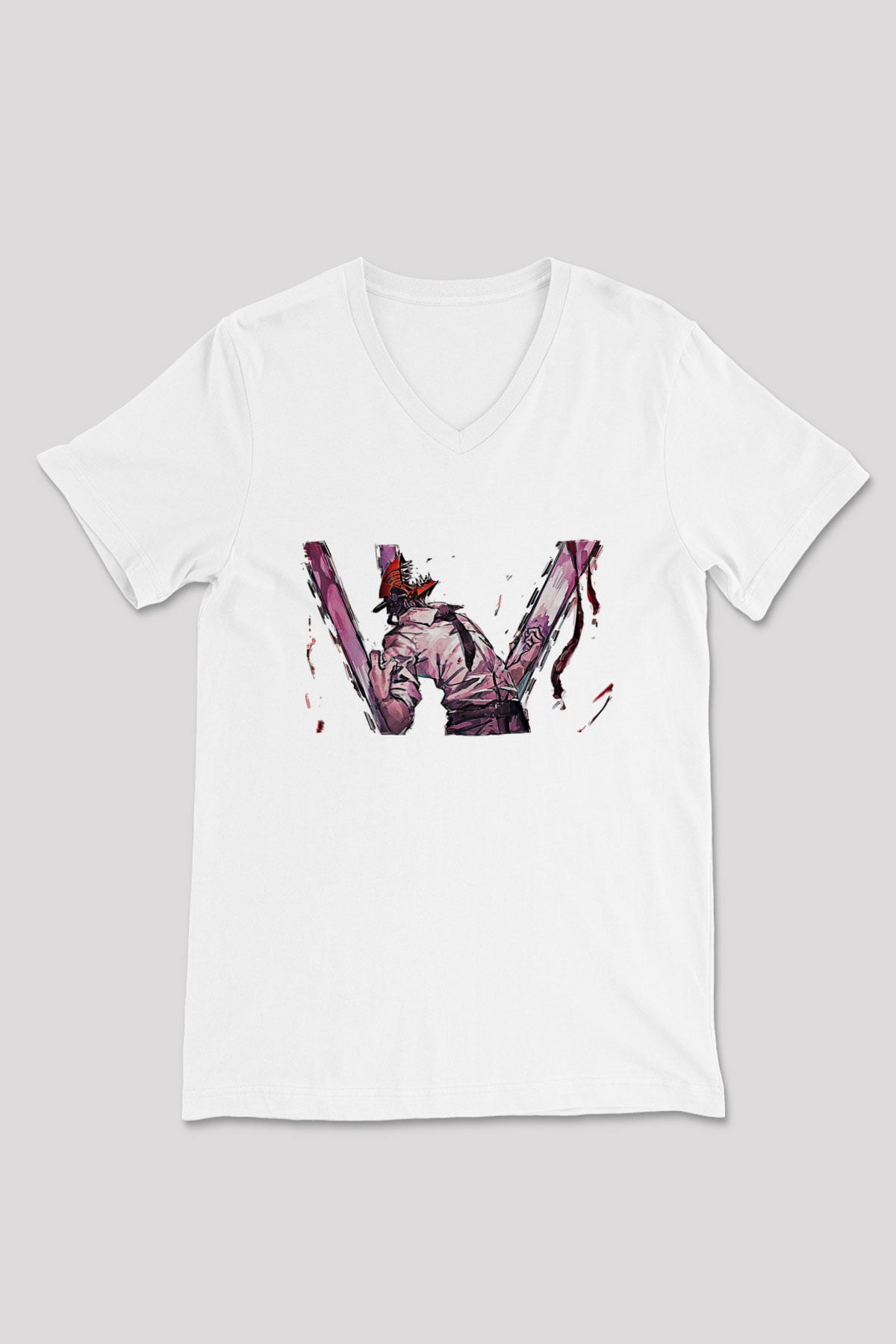 Chainsaw Man Baskılı Beyaz Unisex V Yaka Tişört - Tshirt