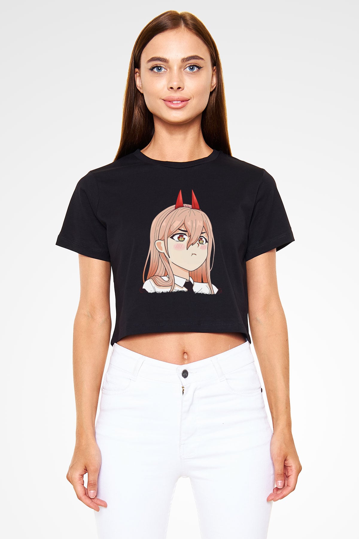 Chainsaw Man Baskılı Siyah Crop Top Kadın Tişört - Tshirt