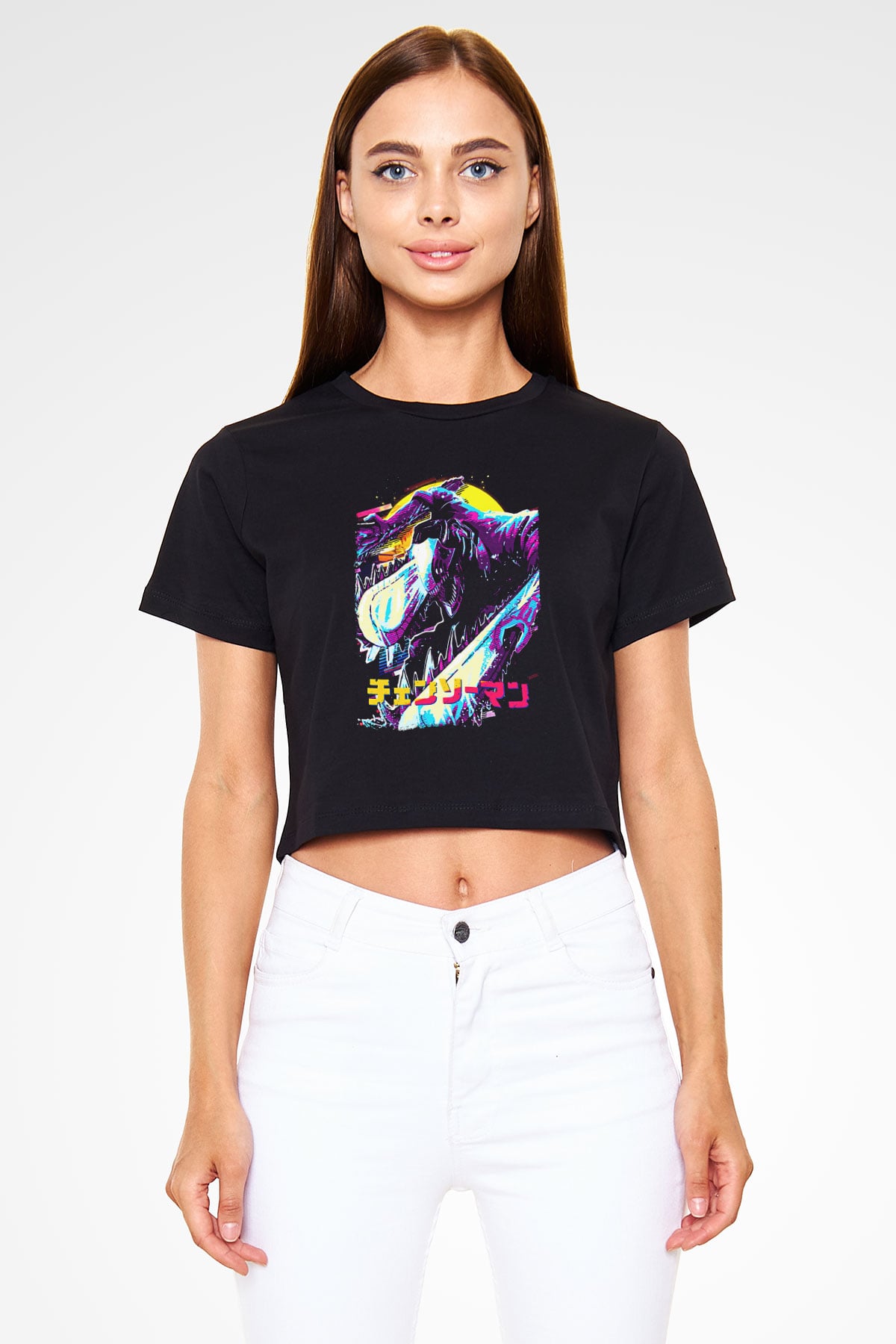 Chainsaw Man Baskılı Siyah Crop Top Kadın Tişört - Tshirt