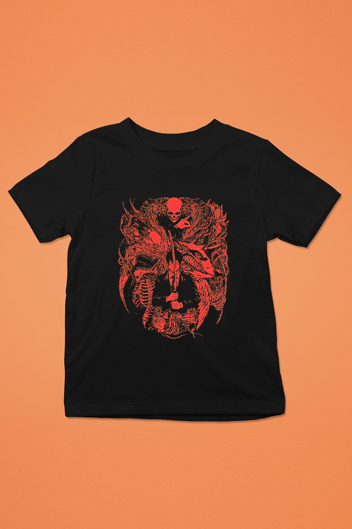 Chainsaw Man Baskılı Unisex Siyah Çocuk Tişört - Tshirt