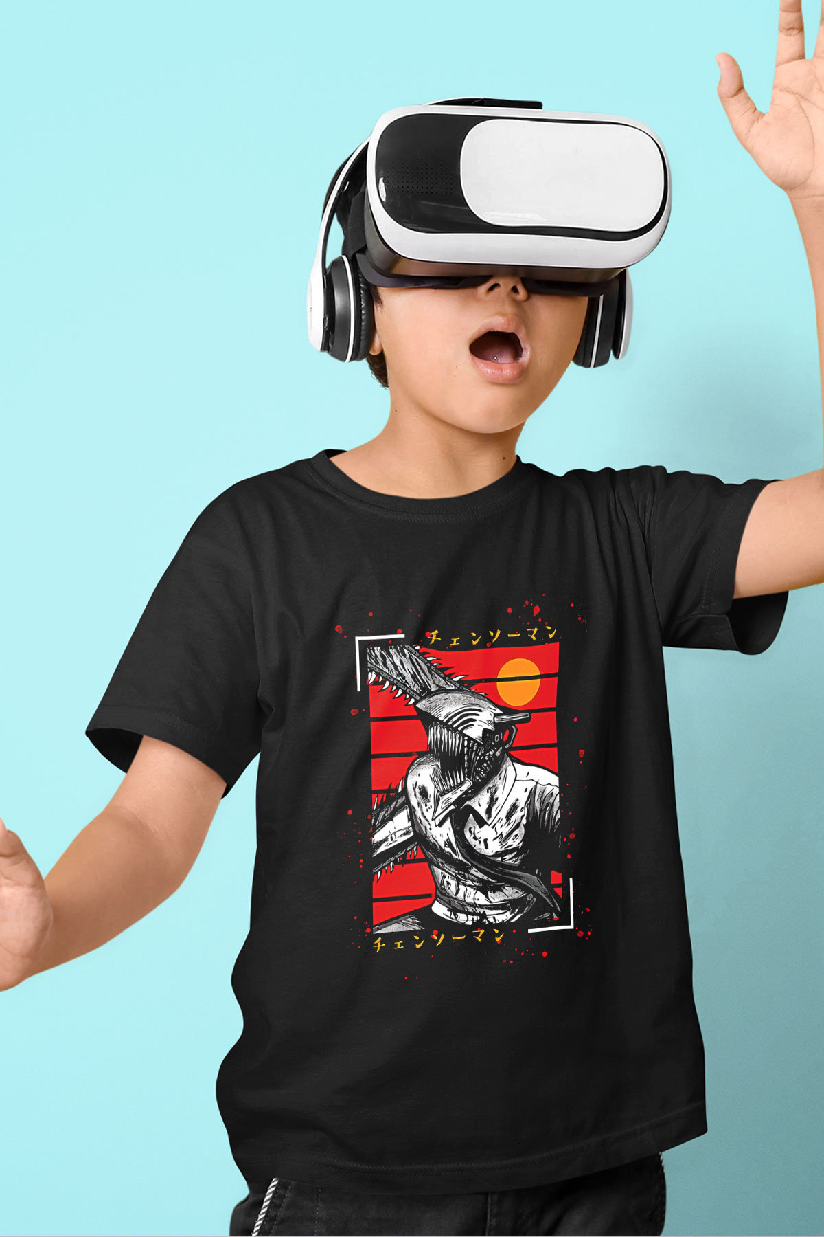 Chainsaw Man Baskılı Unisex Siyah Çocuk Tişört - Tshirt
