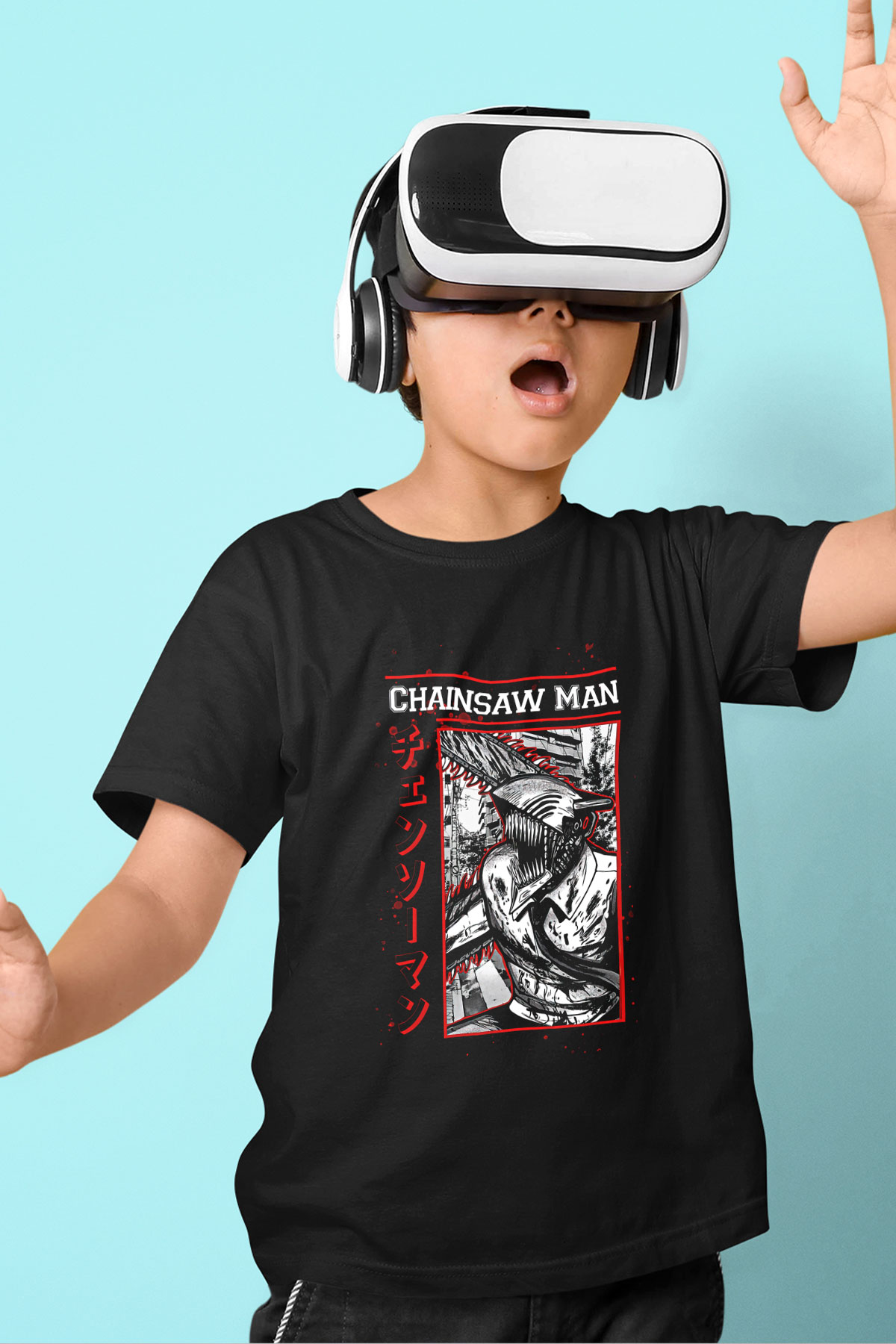 Chainsaw Man Baskılı Unisex Siyah Çocuk Tişört - Tshirt