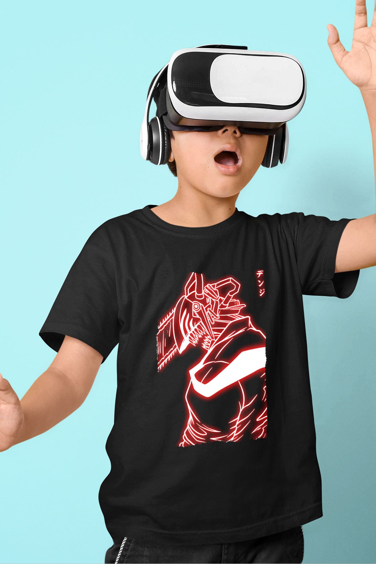 Chainsaw Man Baskılı Unisex Siyah Çocuk Tişört - Tshirt