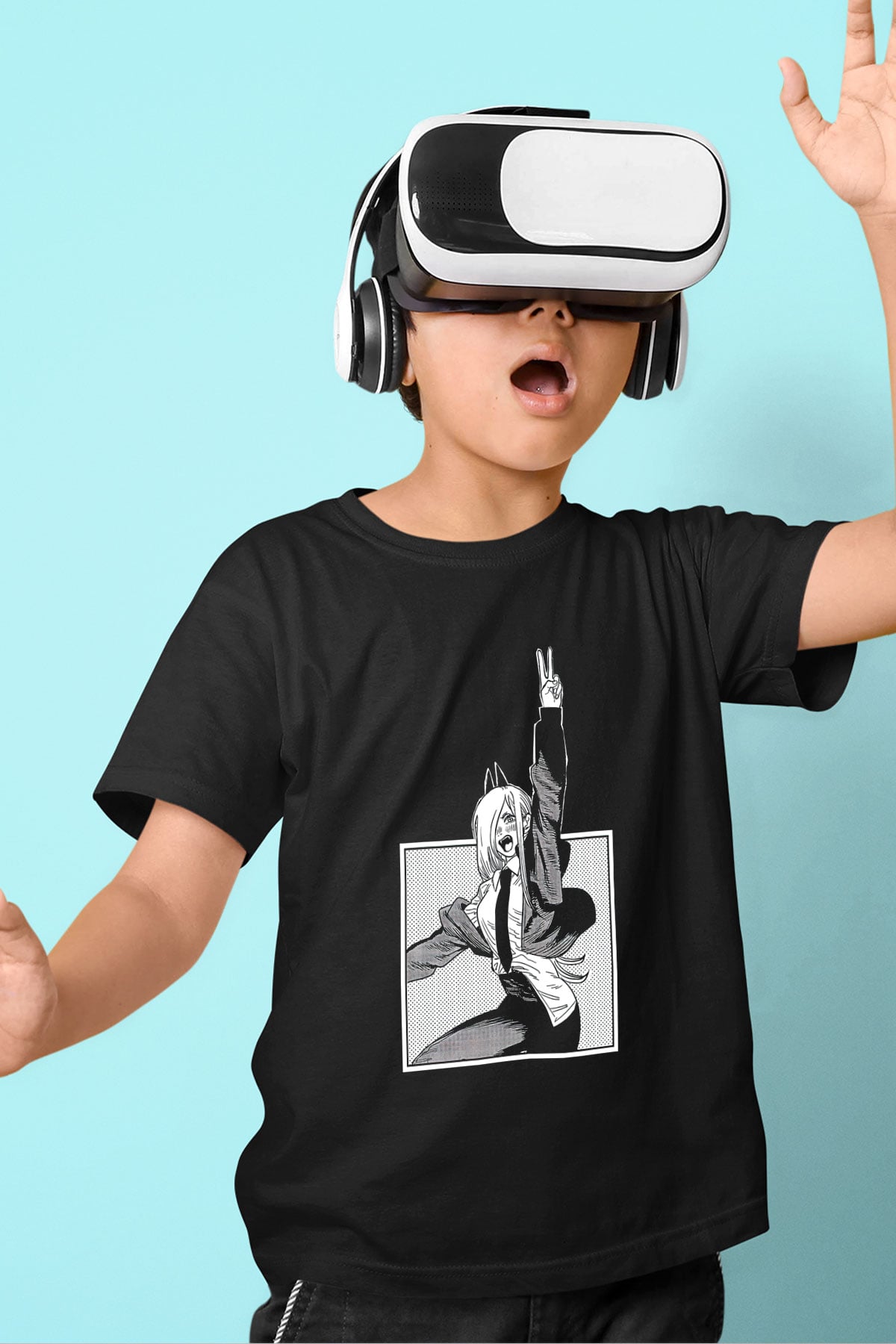 Chainsaw Man Baskılı Unisex Siyah Çocuk Tişört - Tshirt