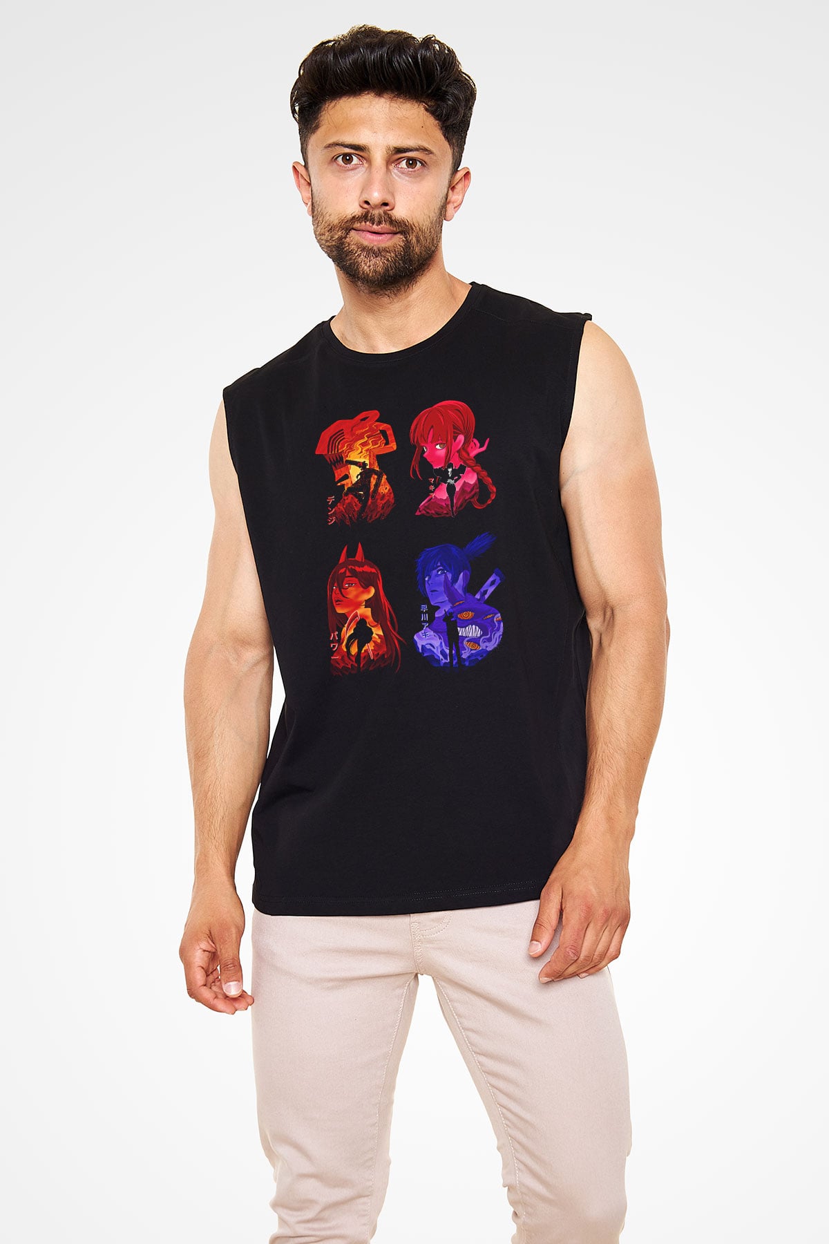 Chainsaw Man Baskılı Unisex Siyah Kolsuz Tişört - Tshirt