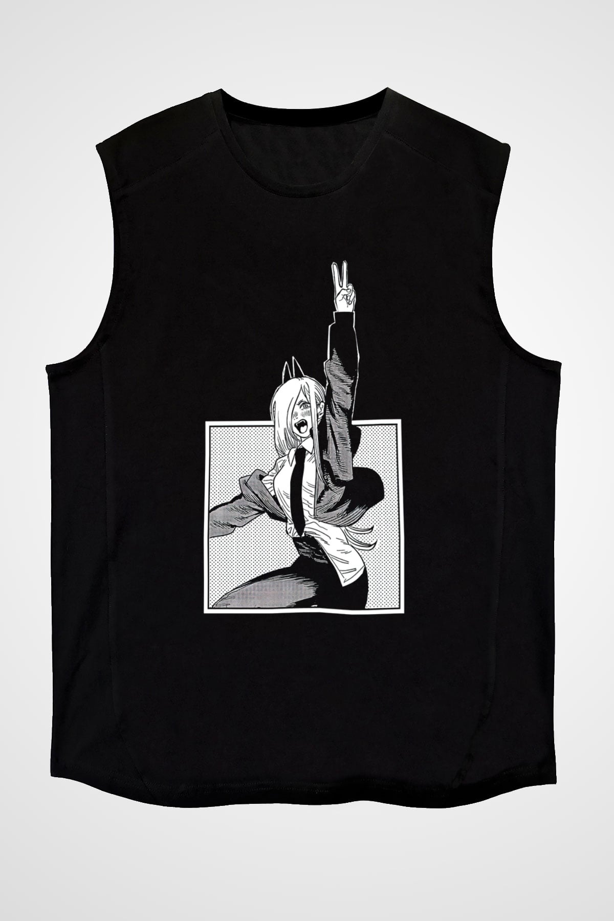 Chainsaw Man Baskılı Unisex Siyah Kolsuz Tişört - Tshirt