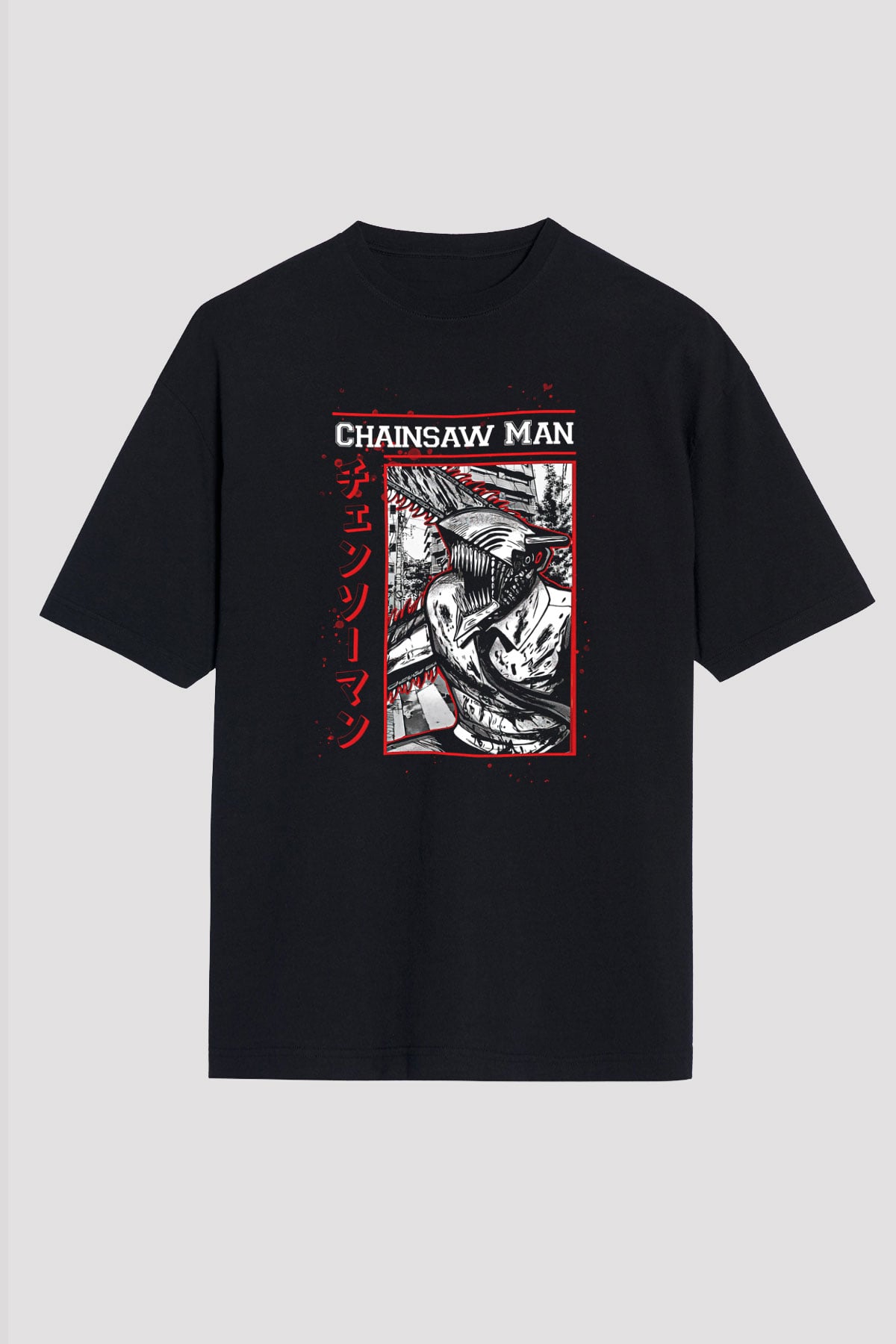 Chainsaw Man Baskılı Unisex Siyah Oversize Tişört - Tshirt