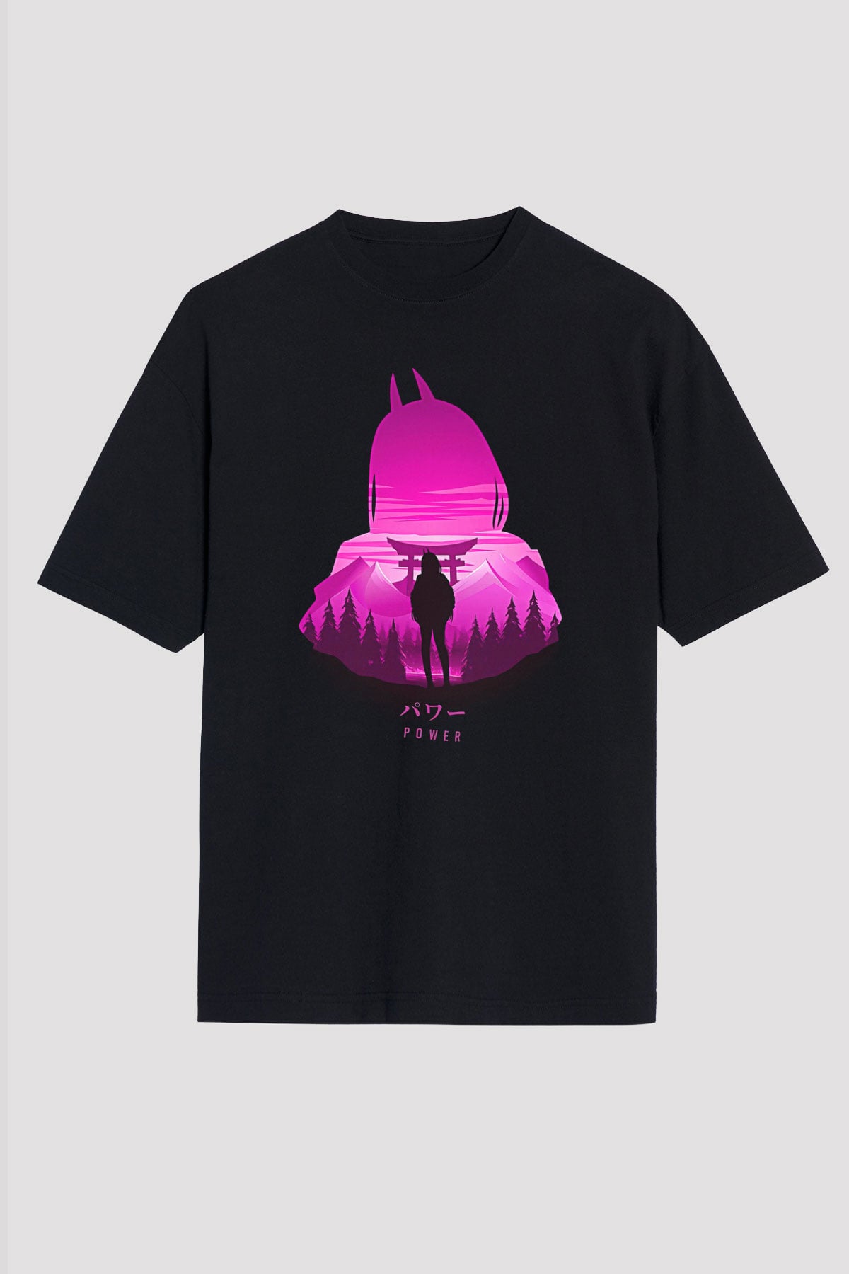 Chainsaw Man Baskılı Unisex Siyah Oversize Tişört - Tshirt
