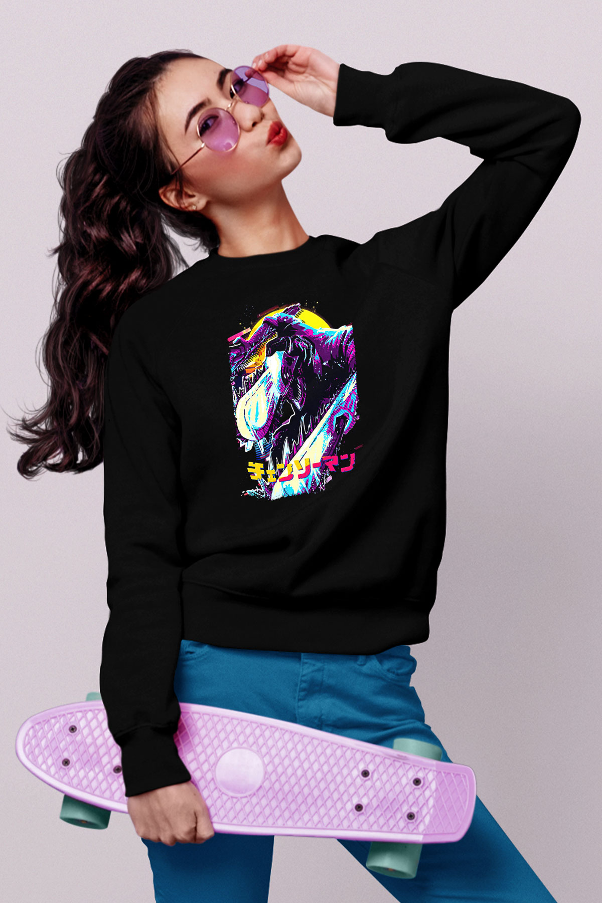 Chainsaw Man Baskılı Unisex Siyah Sweatshirt
