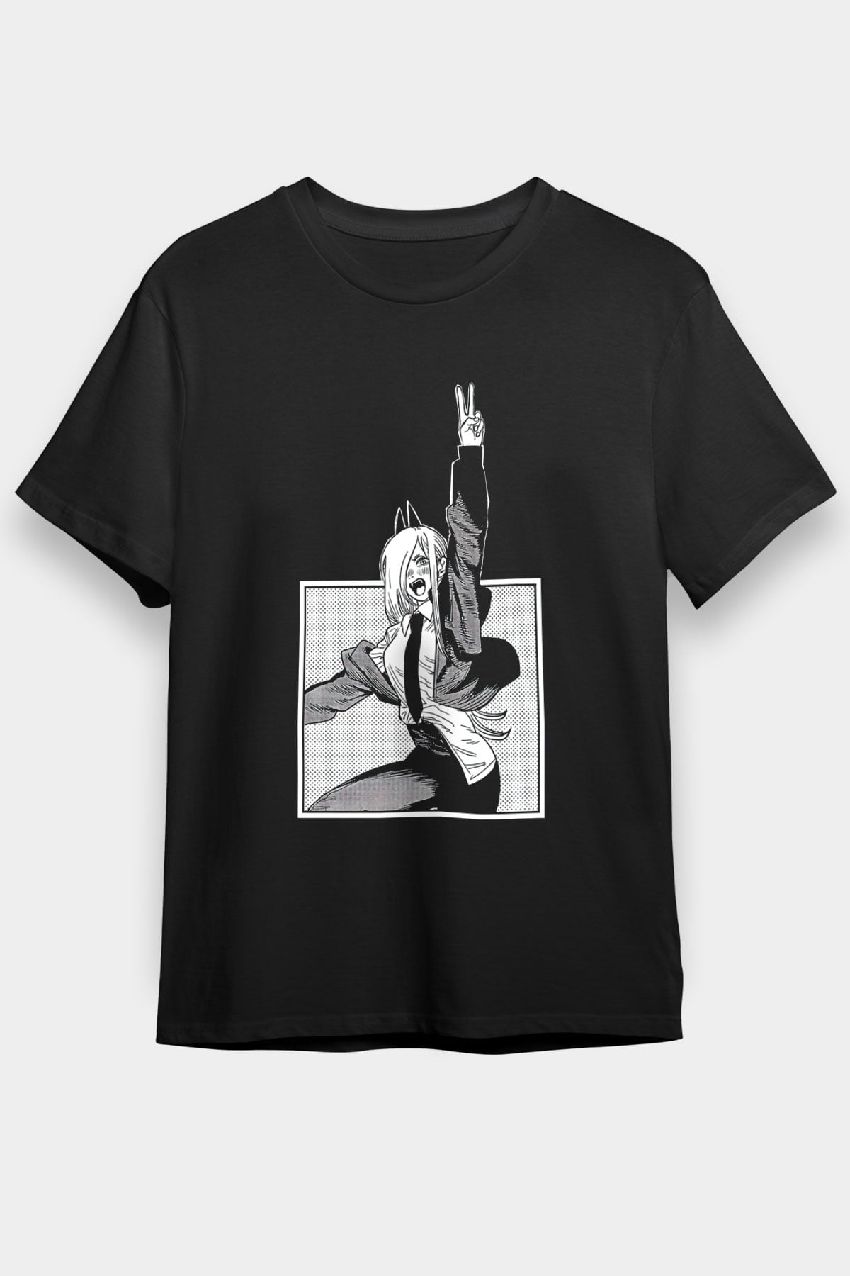 Chainsaw Man Baskılı Unisex Siyah Tişört - Tshirt
