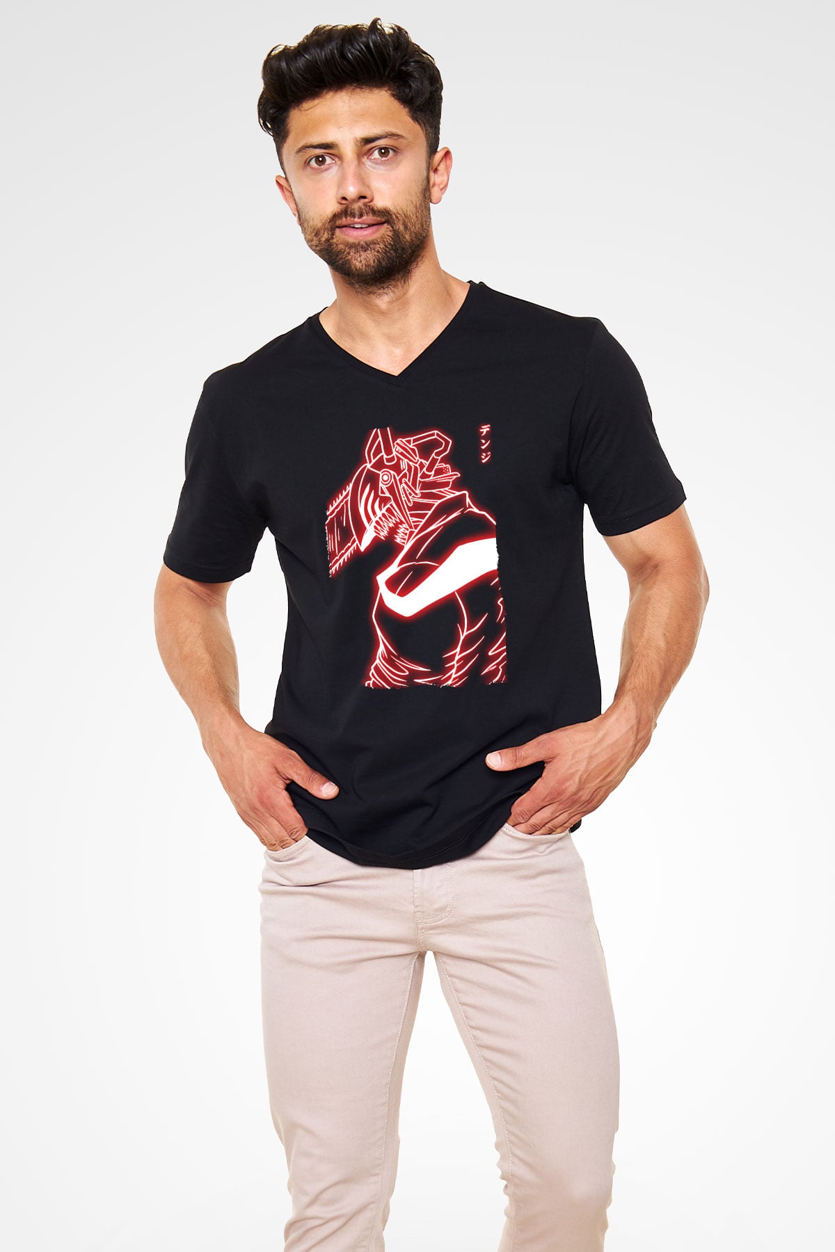 Chainsaw Man Baskılı Unisex Siyah V Yaka Tişört - Tshirt