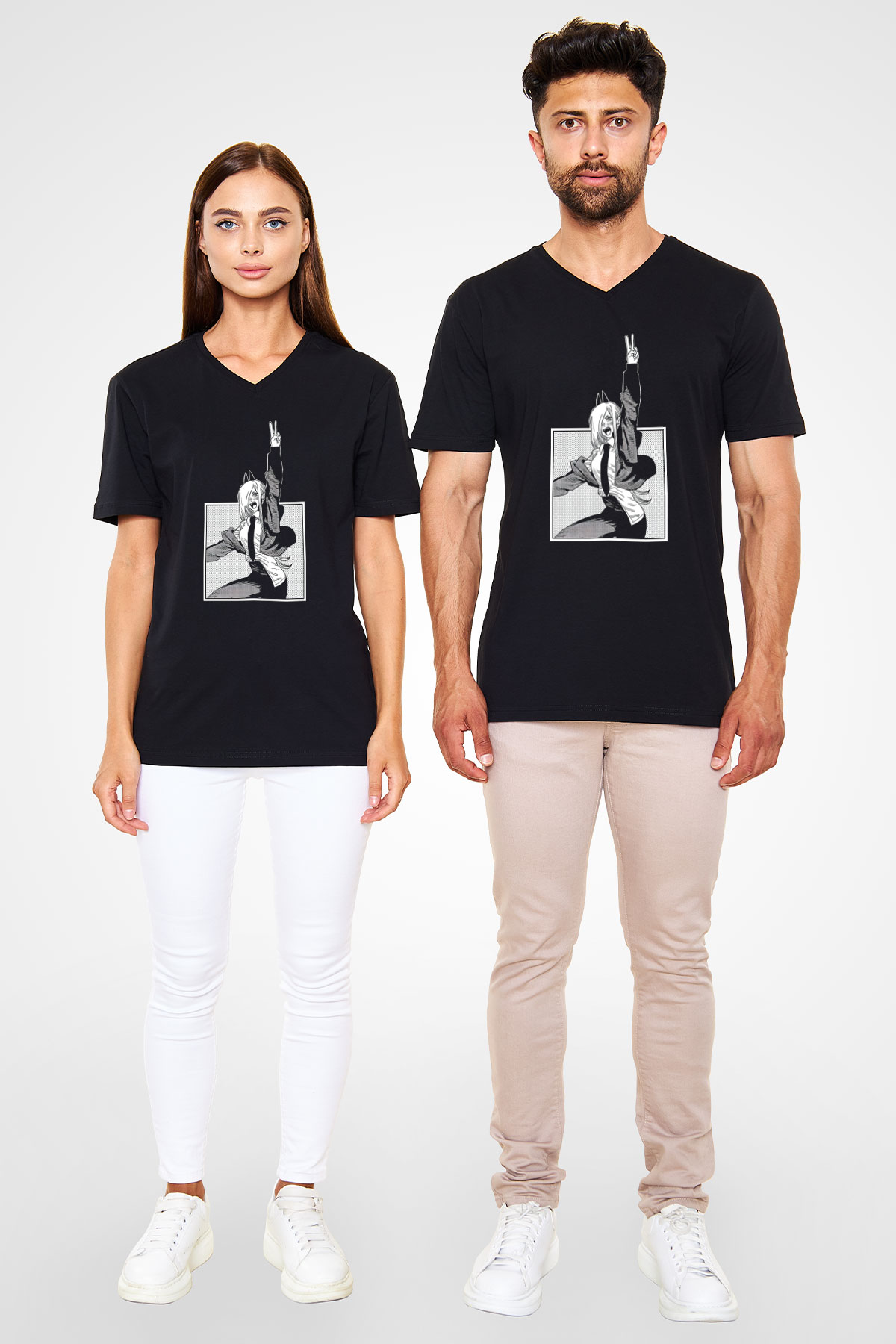 Chainsaw Man Baskılı Unisex Siyah V Yaka Tişört - Tshirt