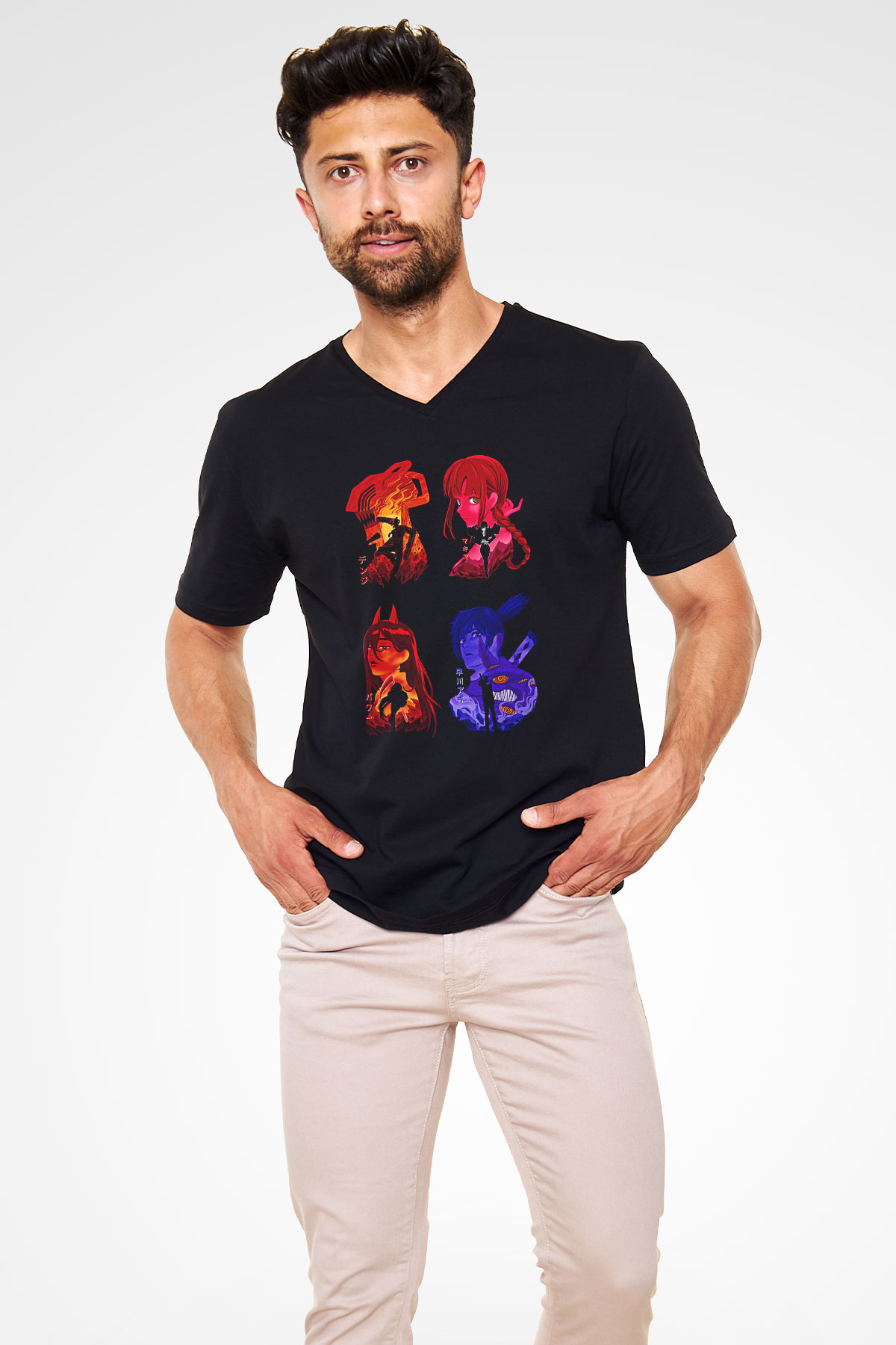 Chainsaw Man Baskılı Unisex Siyah V Yaka Tişört - Tshirt