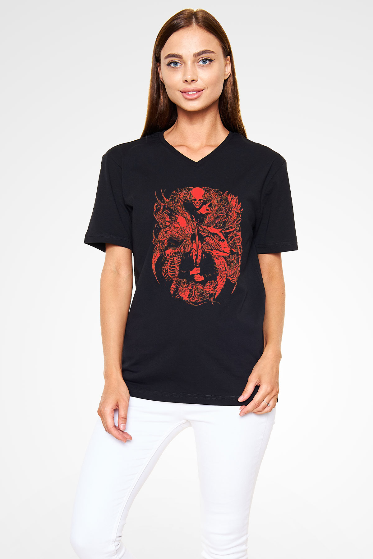 Chainsaw Man Baskılı Unisex Siyah V Yaka Tişört - Tshirt