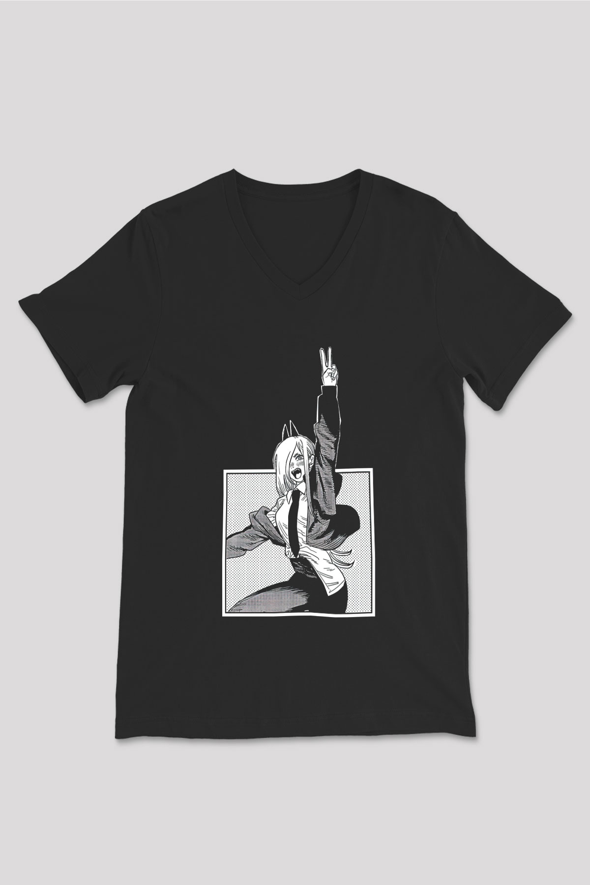 Chainsaw Man Baskılı Unisex Siyah V Yaka Tişört - Tshirt