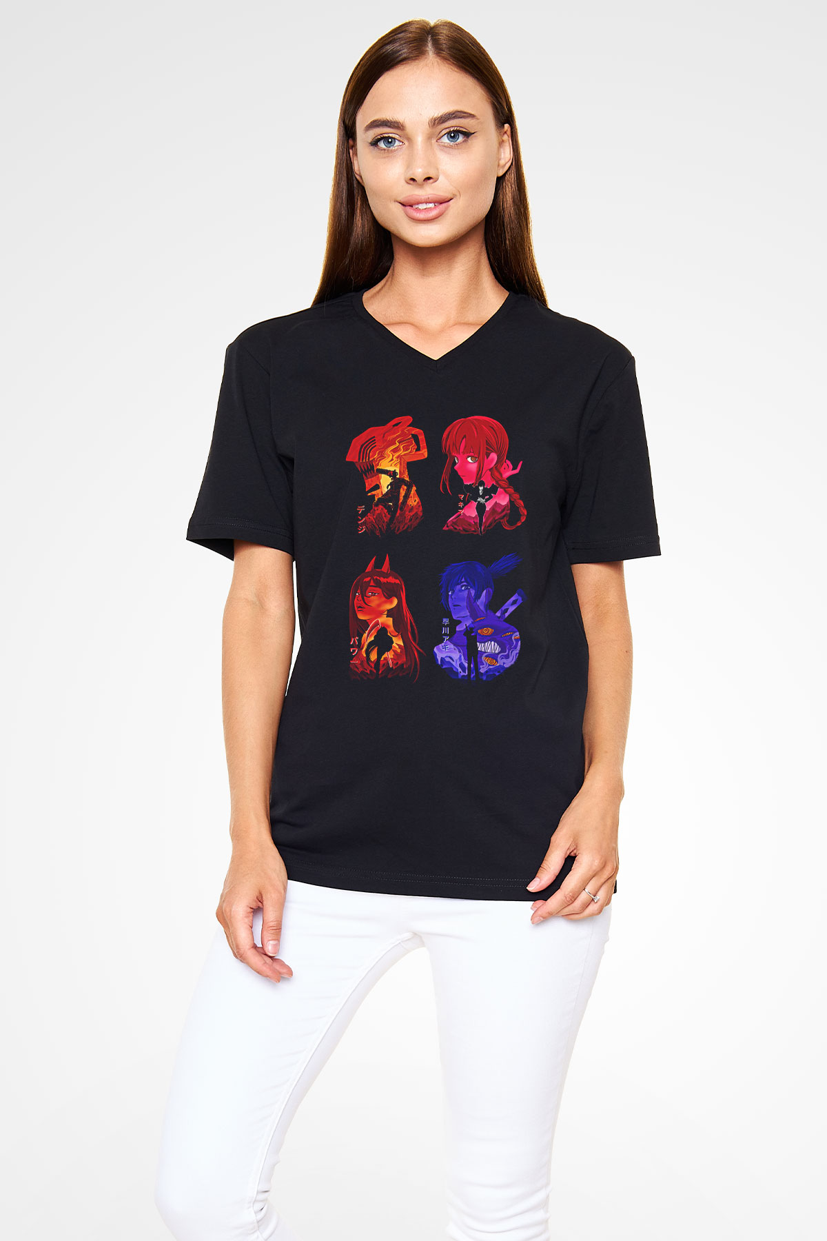 Chainsaw Man Baskılı Unisex Siyah V Yaka Tişört - Tshirt