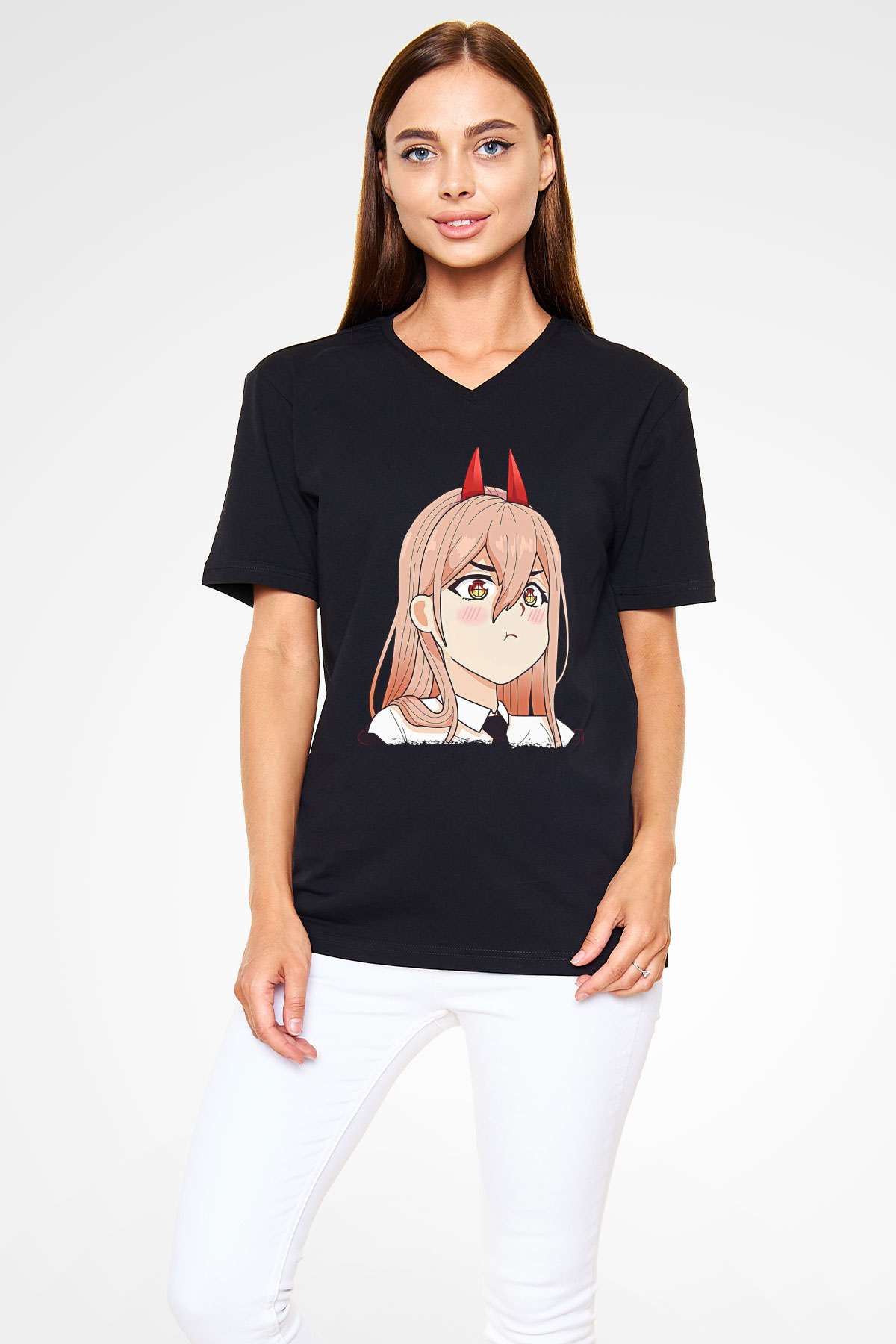 Chainsaw Man Baskılı Unisex Siyah V Yaka Tişört - Tshirt